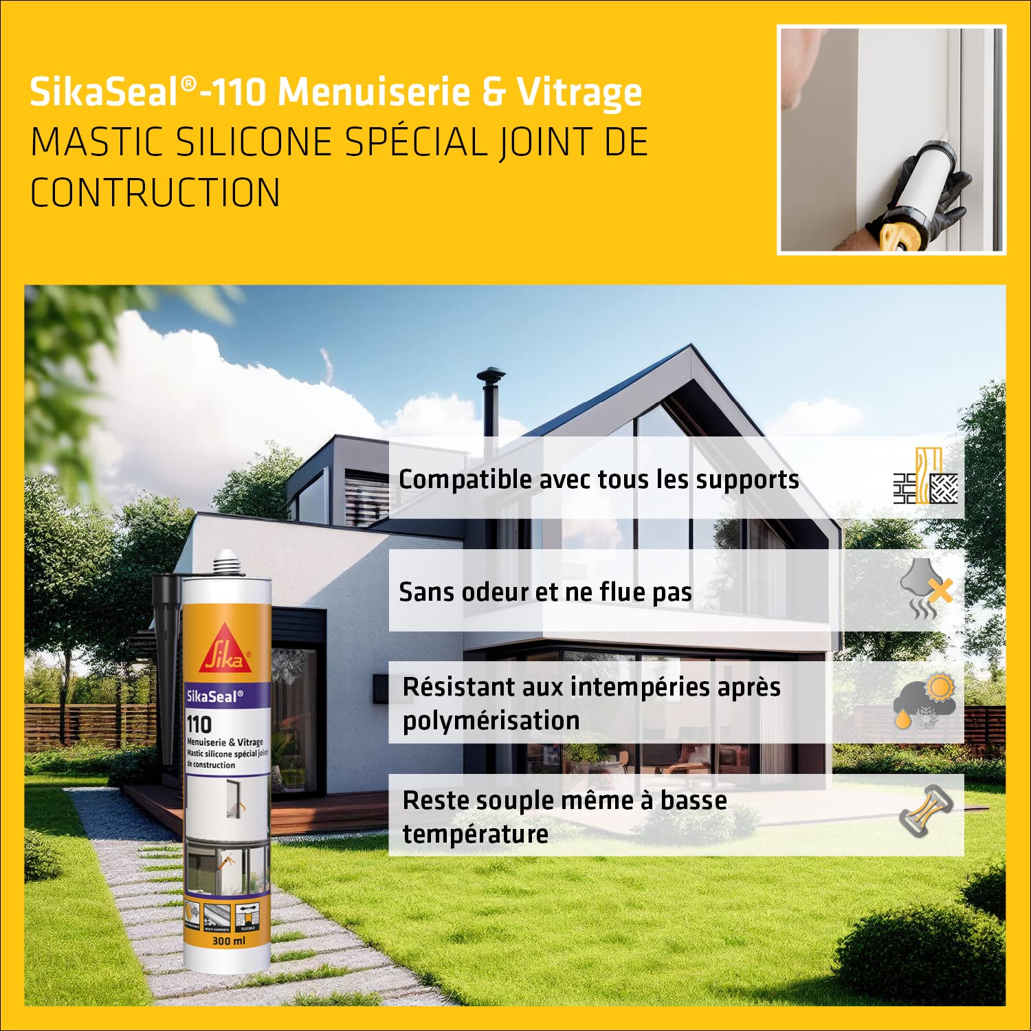 SIKA - Mastic - SikaSeal-110 Menuiserie & Vitrage - Noir - Carton 12x300ml | Silicone de construction - Joints de menuiserie et vitrage - Extérieur/intérieur