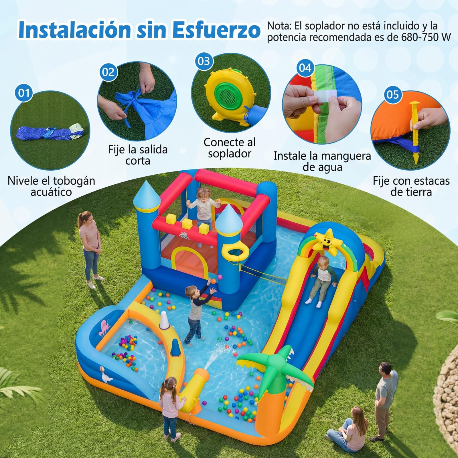 COSTWAY Castillo Hinchable, Parque Infantil con Temática de Playa con Muro de Escalar, Cañón de Agua, Pelotas Oceánicas, Fútbol, Baloncesto, Voleibol, Castillo Inflable al Aire Libre (sin soplador)