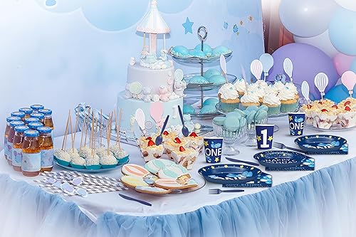 Miniatura 6 de Juego de vajilla de 168 piezas para baby shower de primer cumpleaños, un juego azul para 24 invitados, juego completo de platos y cubiertos, papel