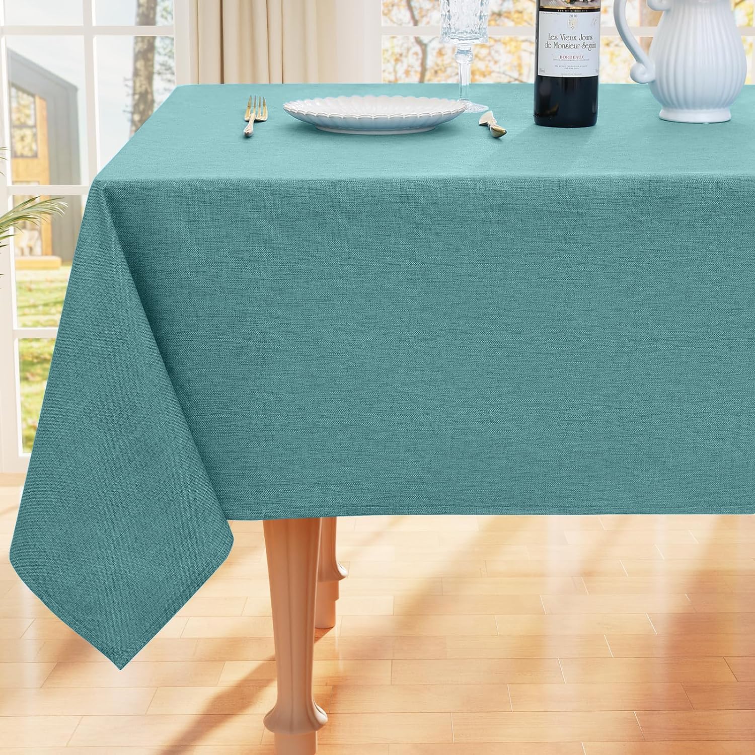 smiry Rectangular Table Cloth Wipe Clean 140x240 cm, Wipeable Water Resistant Linen Tablecloth, Fabric Washable Dining Table Cover for Kitchen Indoor Outdoor, Teal