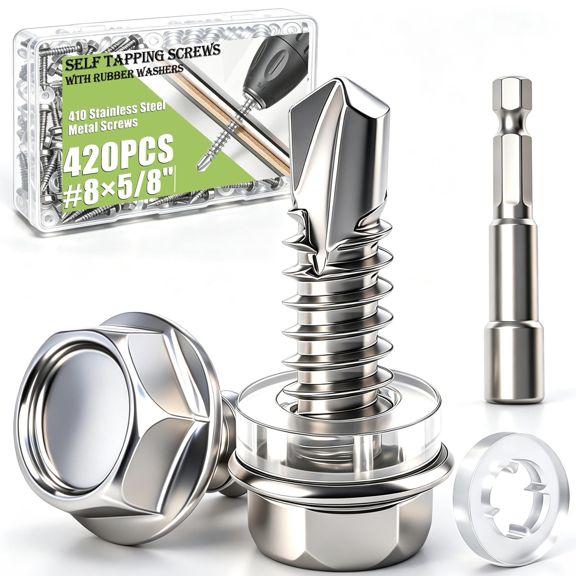 mxuteuk 230PCS #8 Self Tapping Screws for Metal,410 Stainless Steel Self Drilling Screws,1/2",5/8",3/4",1",1-1/4" Truss Head Sheet Metal Screws with Rubber Washers for Metal,Plastic,Wood(115pcs Sets) — Amazon image 13