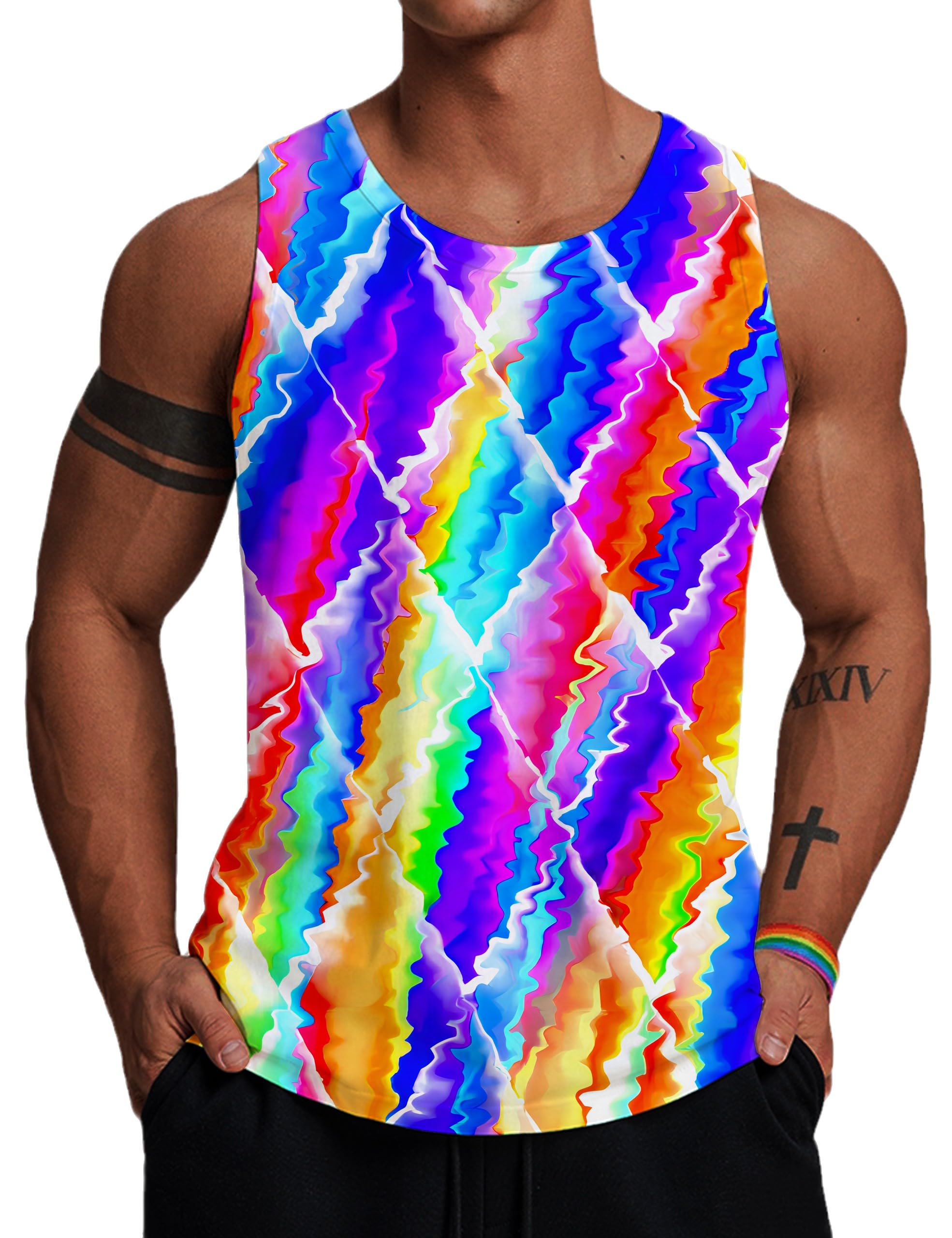Wuiliy 3D Tank Tops for Men Colorful Sleeveless Print T Shirt Rainbow Beach Gym Vest Tee