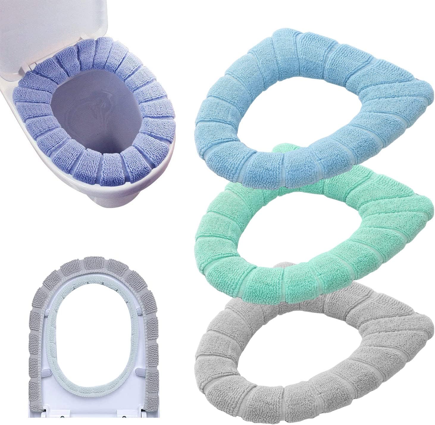 Bathroom Soft Thicker Warmer Stretchable Washable Cloth Toilet Seat Cover Pads, 3PCS (3Color)