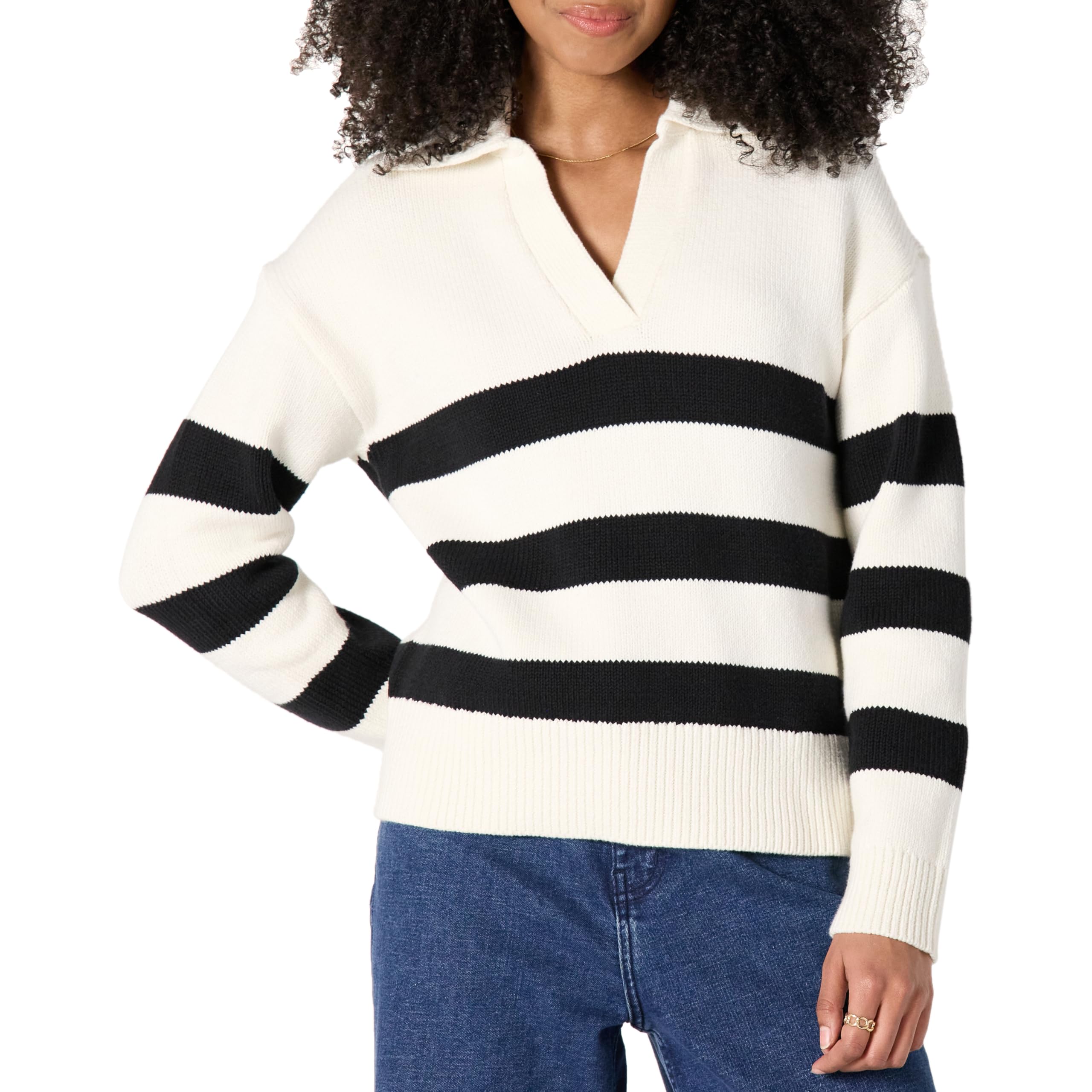 Amazon Essentials Women's Relaxed Fit Heavyweight Cotton Clollard Neck Jumper, Eggshell White Black Big Stripe, XL