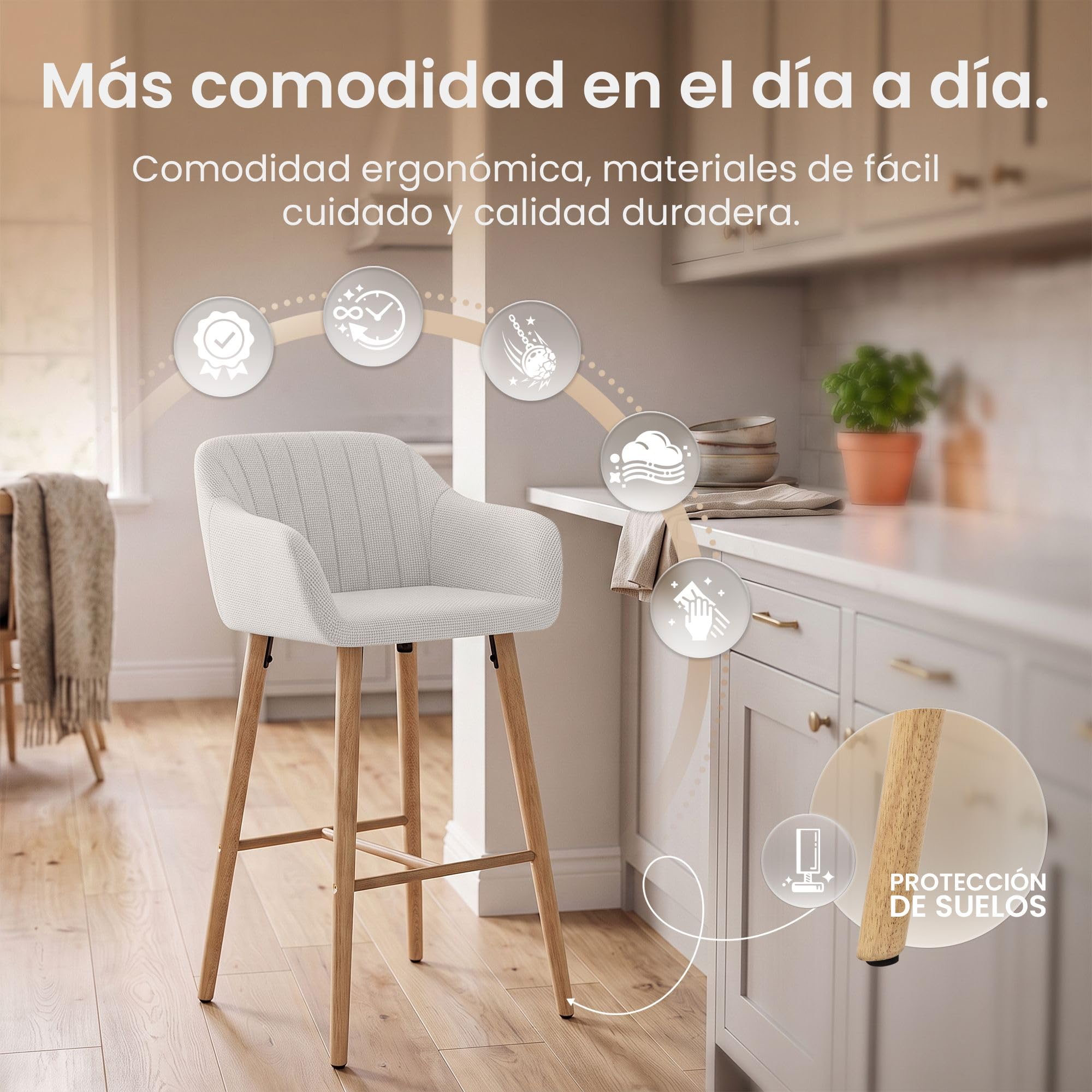 CLP Taburete de Bar Ando con Respaldo, Asiento tapizado, Estructura de Madera Resistente, soporta hasta 150 kg Color:Beige