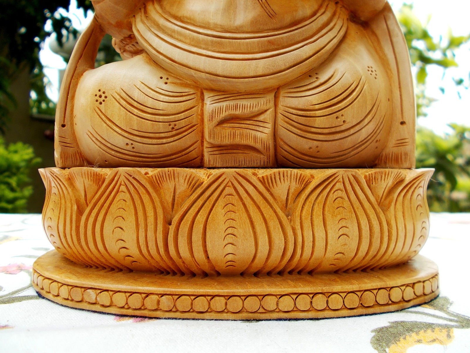 CraftVatika Wooden Ganesh Statue Hand Carved Sitting On Lotus Hindu 