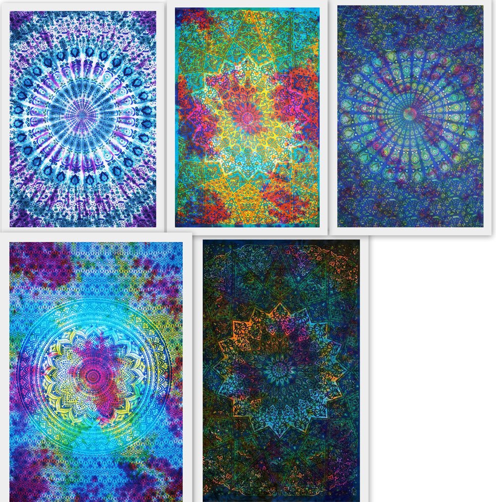Future Handmade Wholesale Pack Of 5 Twin Tapestries Indian Handmade Multi Tie Dye Mandala Tapestry Wholesale Indian Printed Tapestry Wall Hanging Beach Blanket Yoga Mat 100% Cotton Bedspread