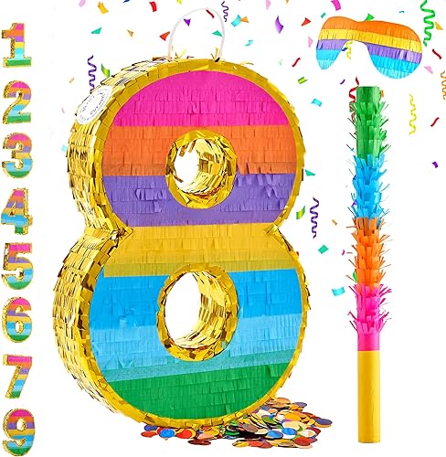 Miniatura 15 de Piñata arcoíris número 1 para decoraciones de fiesta de primer cumpleaños, piñata de cumpleaños con palo, venda para los ojos y confeti, celebración