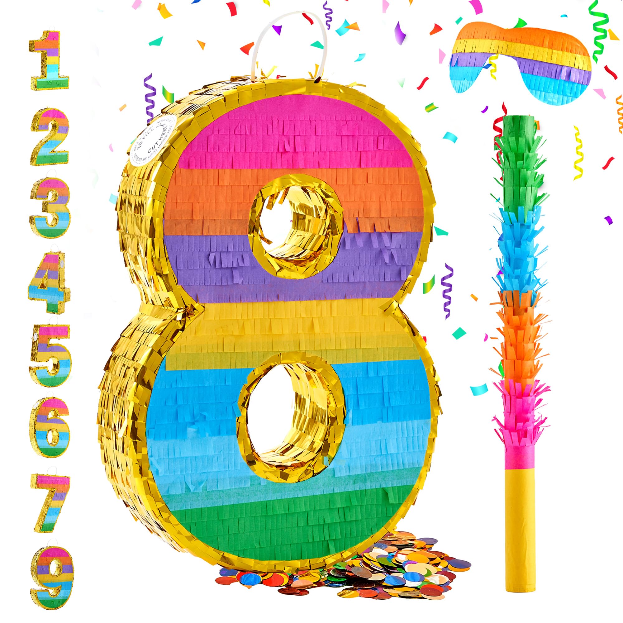 MUWOOB Rainbow Number 8 Pinata for 8th Birthday Party Decorations, Fiesta, Kids Anniversary Celebration, Birthday Pinata with Stick, Blindfold and Confetti (Small, 16.5 x 11.5 x 3 In)