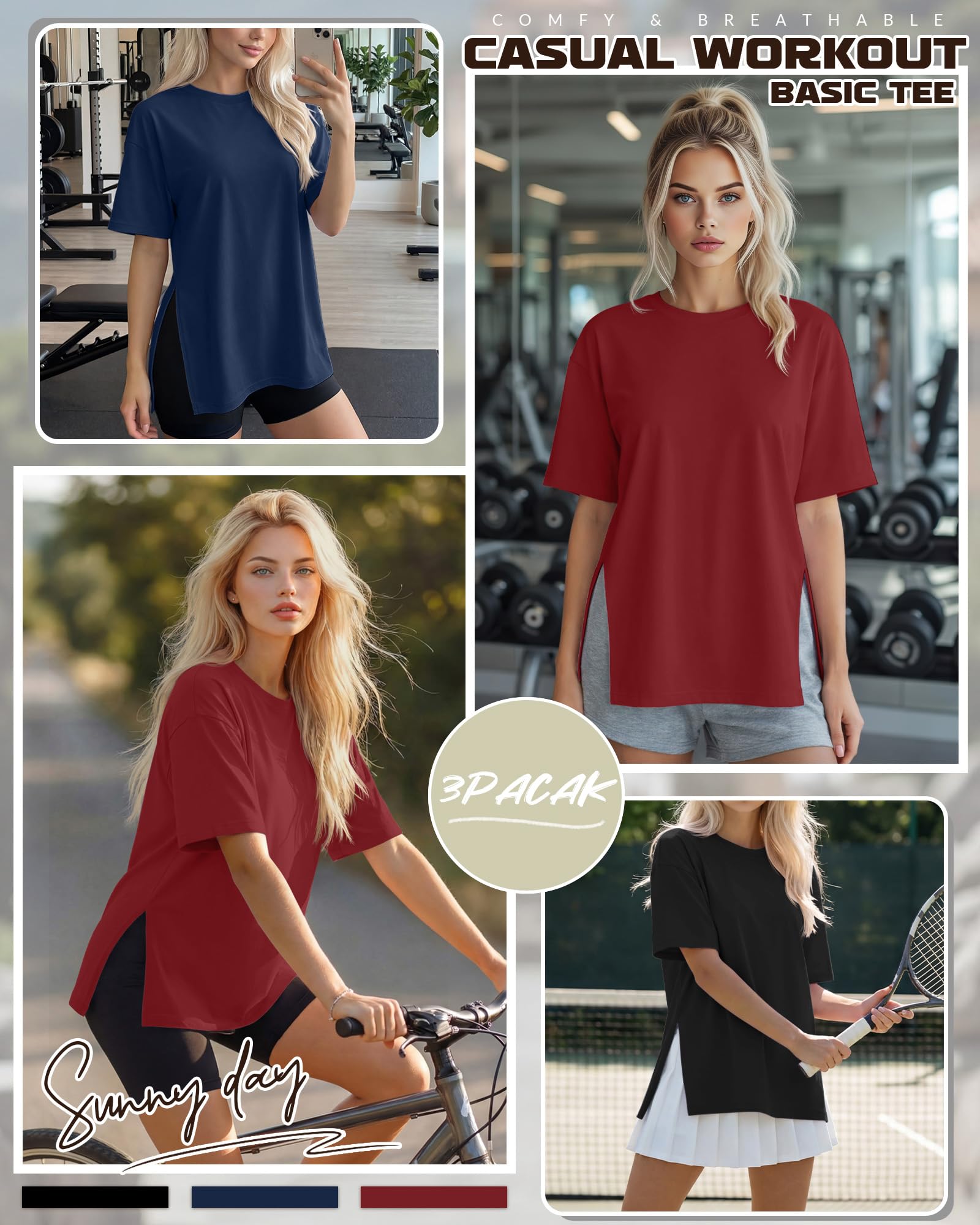 Geyoga Lot de 3 T-Shirts Oversize Femme | T-shirts Longs Coupe Ample, Hauts De Gym Baggy Ete, Manches Courtes, Col Rond, Fentes Laterales, Mode Grande Taille