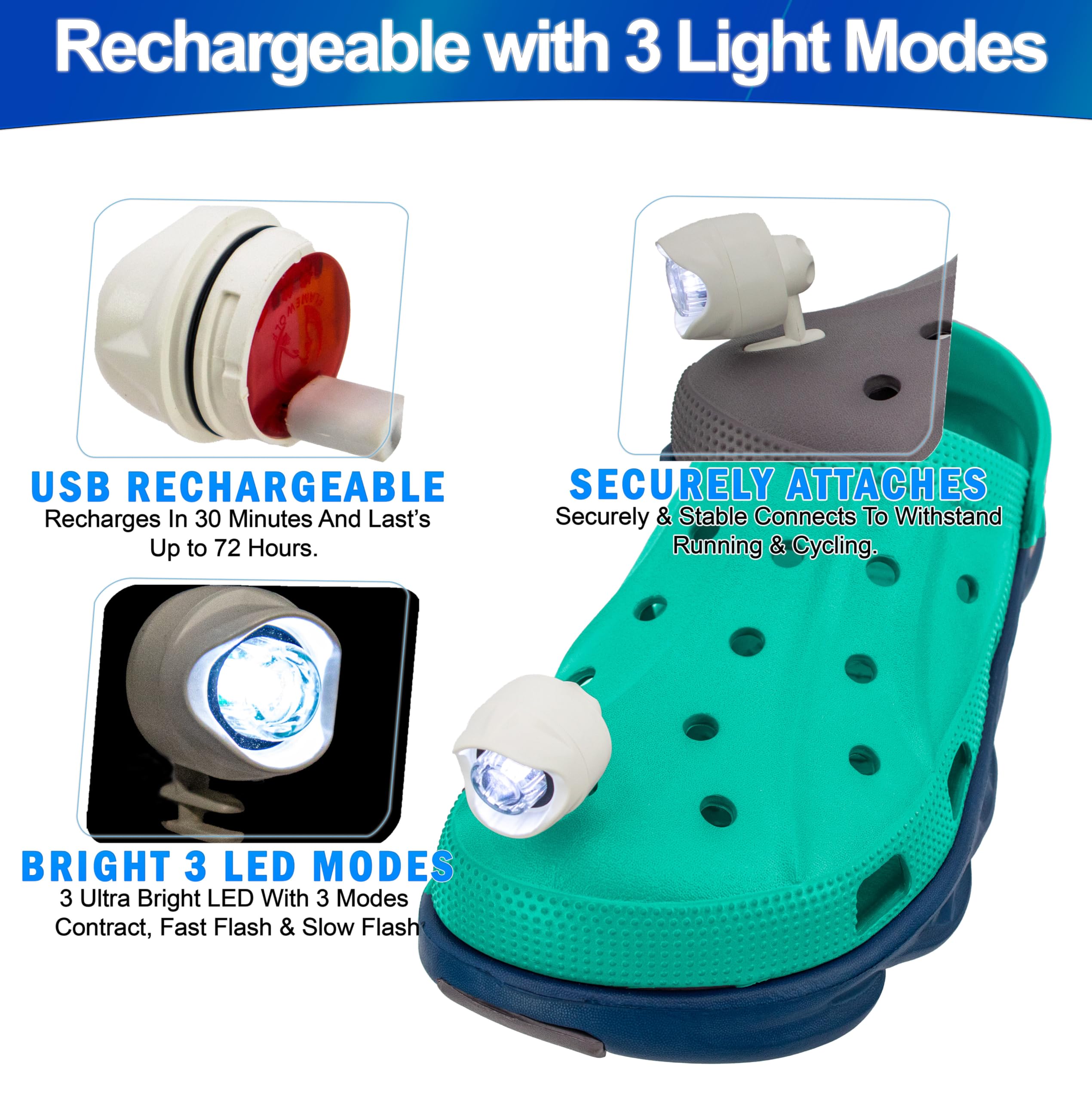 LED Shoe Lights For Crocs - USB Rechargeable, Ultra Bright Headlights for Shoes, 3 Modes, Waterproof Clip On & Lightweight Flashlight for Dog Walking, Running, Camping -2pc (Blue)