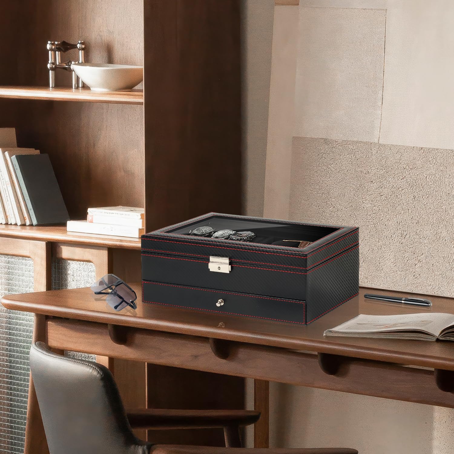Caja para relojes y gafas de sol con tapa de cristal – Joyero para hombres, 6 compartimentos, 2 niveles, estuche para relojes con cerradura, caja de almacenamiento y exhibición – Regalo para hombres y