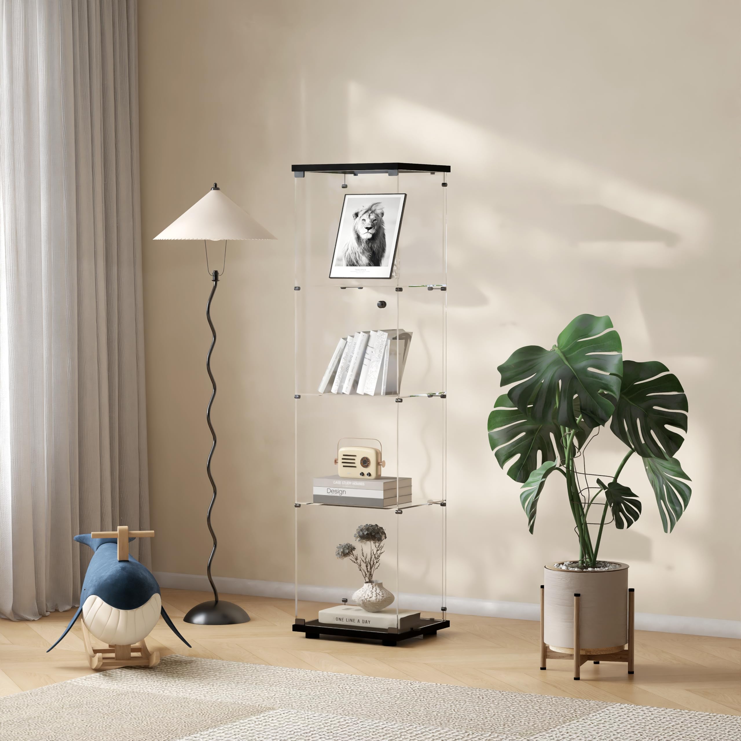 Zacis 4-Tier Glass Display Cabinet with Metal Lock, 5mm Tempered Curio Cabinets Collection Display Case, Floor Standing Glass Curio Cabinet Showcase,