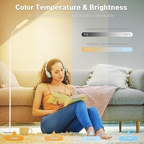 Miniatura 10 de Lámpara de pie LED regulable, lámparas de lectura superbrillantes, lámpara de pie con control remoto y táctil, atenuación continua y temperatura de