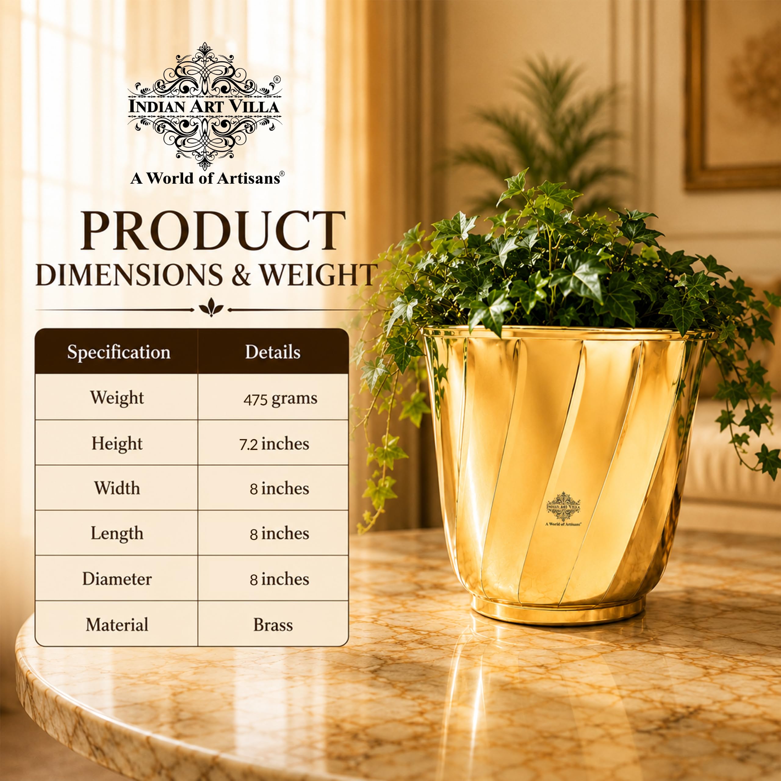 INDIAN ART VILLA Pure Brass Lining Design Planter, Home décor, Planting, Size- 7.2x8 inches 3