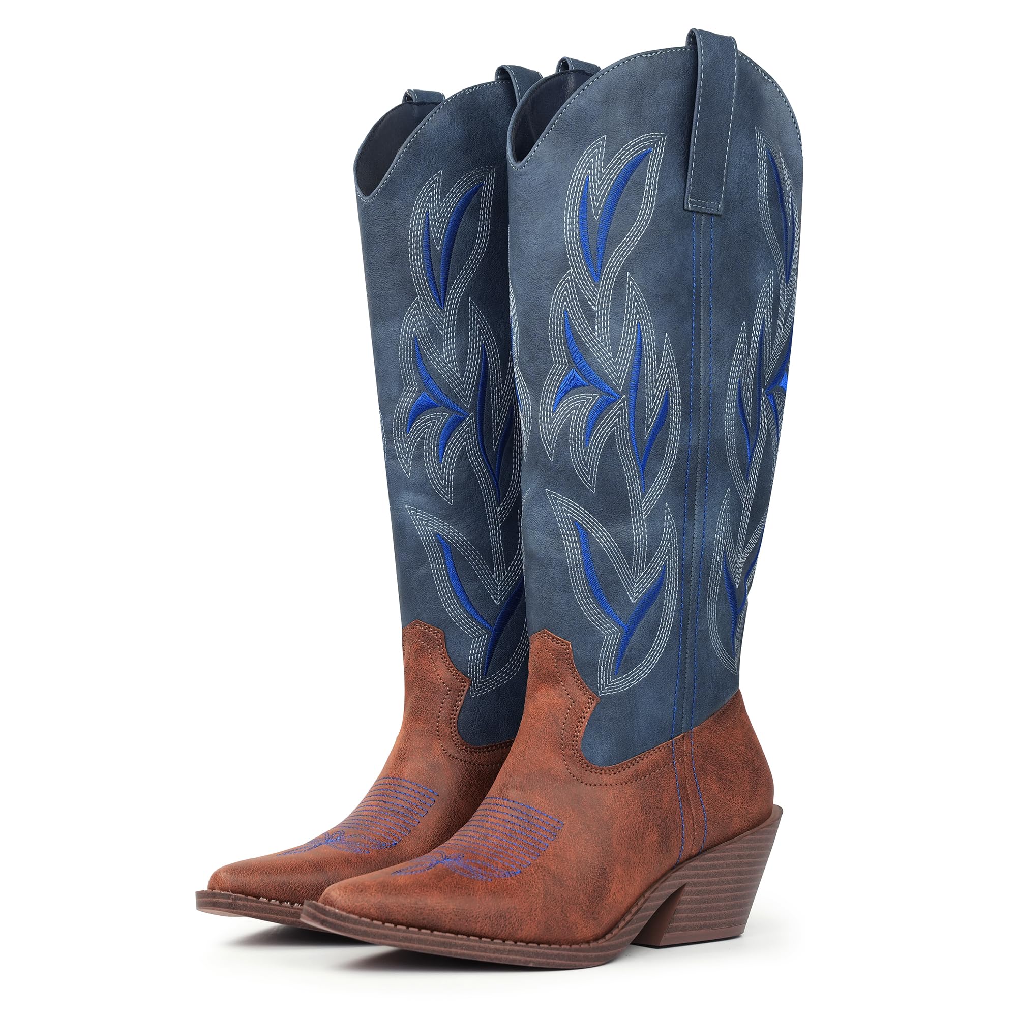 Hawkwell Cowgirl Boots Women Knee High Boots Snip Toe and Block Heel Cowboy Faux Leather Western Boots with