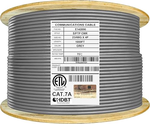 Elite CAT7A - Elevador blindado (CMR), cable Ethernet de 1000 pies, par trenzado de lámina blindada (SFTP) 23 AWG, cobre puro puro sólido, 1000 MHz,