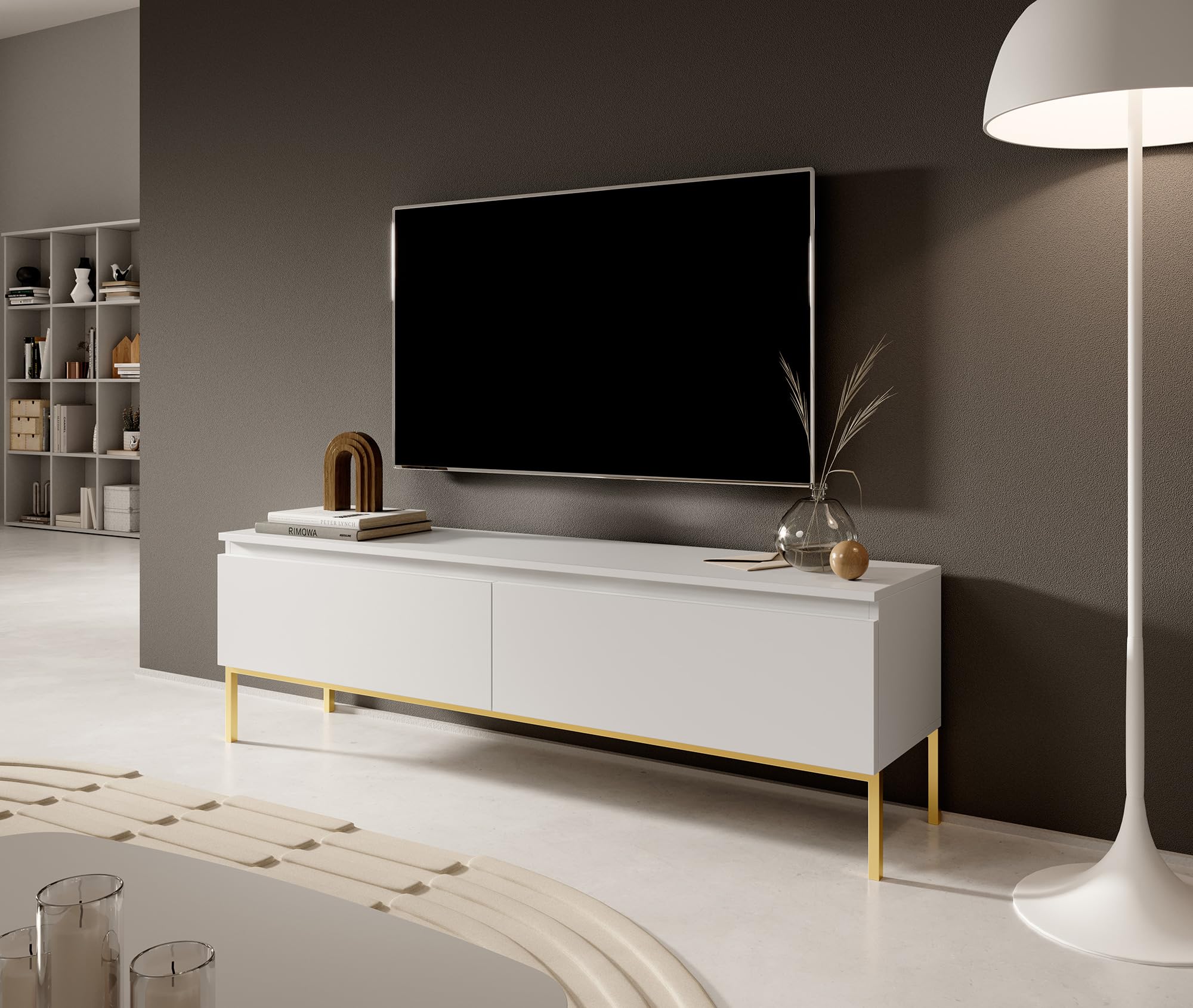 Selsey Mobile TV Mobile Porta TV 2 Ante 150 cm Con Piedini Dorati Per Soggiorno Camera Da Letto Bianco Bemmi