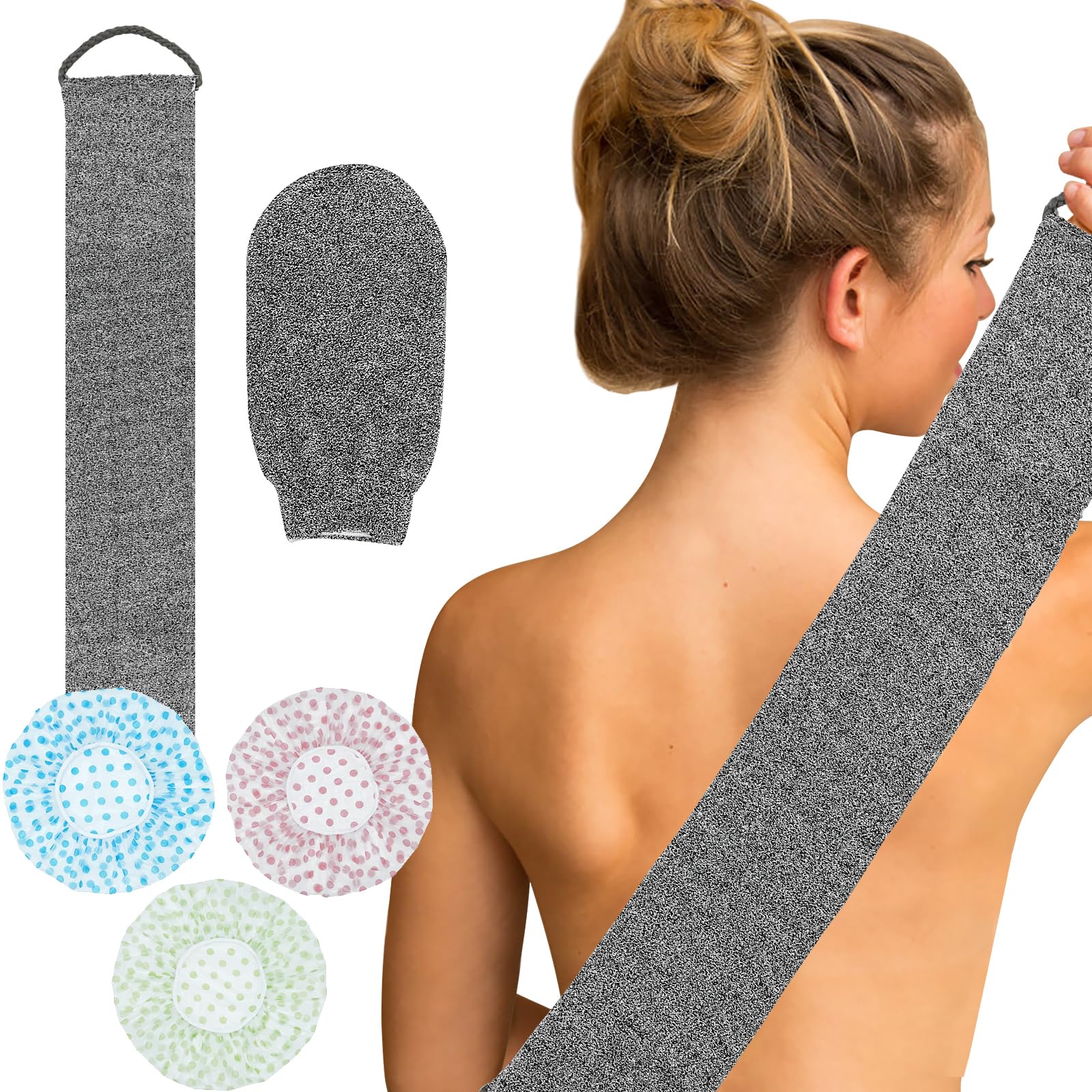 Cinghia lava-schiena esfoliante, guanto sapone in fibra vegetale, cinghia posteriore per sapone naturale esfoliante per doccia per il bagno e il lavaggio (grigio) con set di tre cuffie da doccia