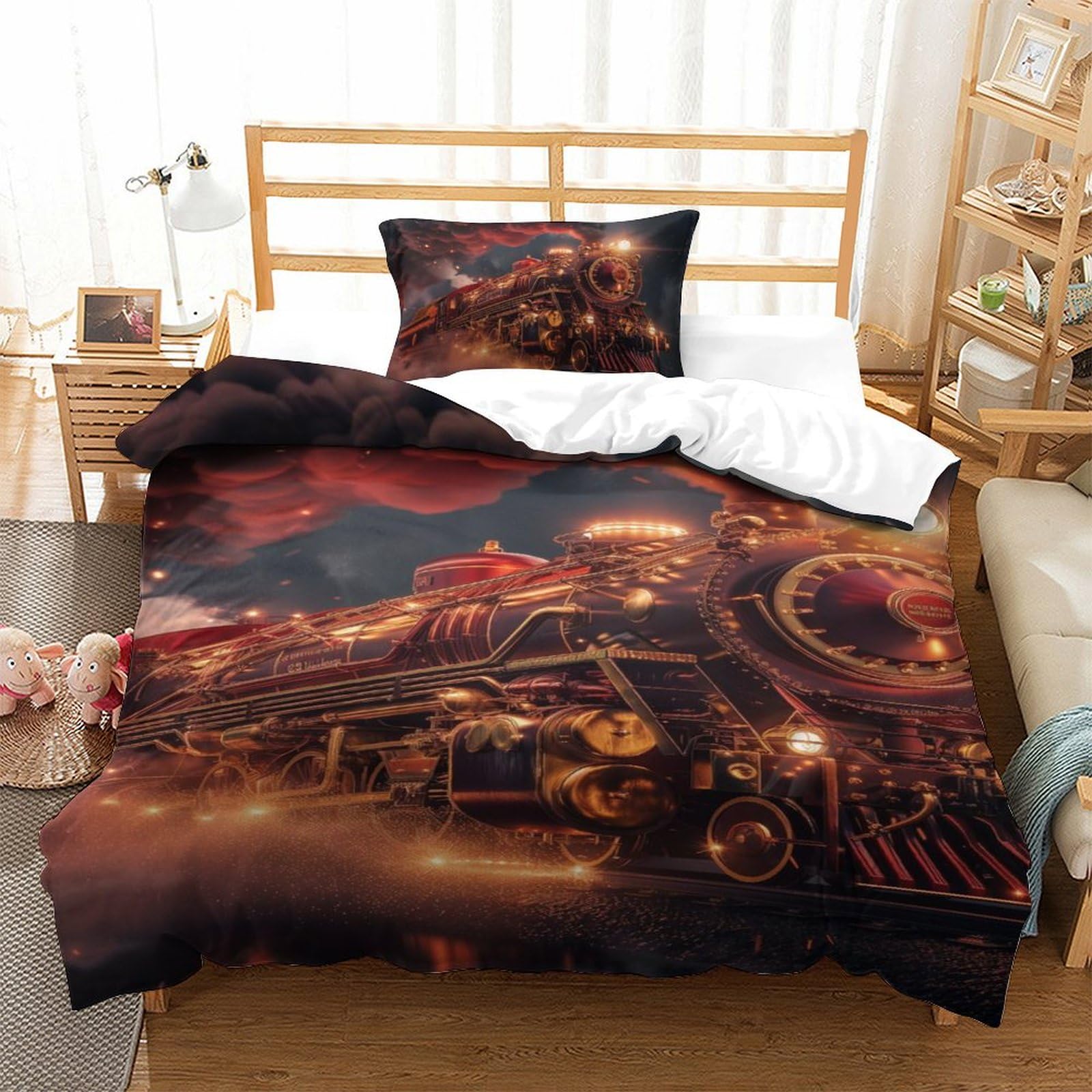Housses de Couettes Train 3D en microfibre anti-transpiration pour lit simple 135x200 cm