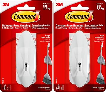 Command 17069 Wire Hook with Strips - Large, White Pack of 2