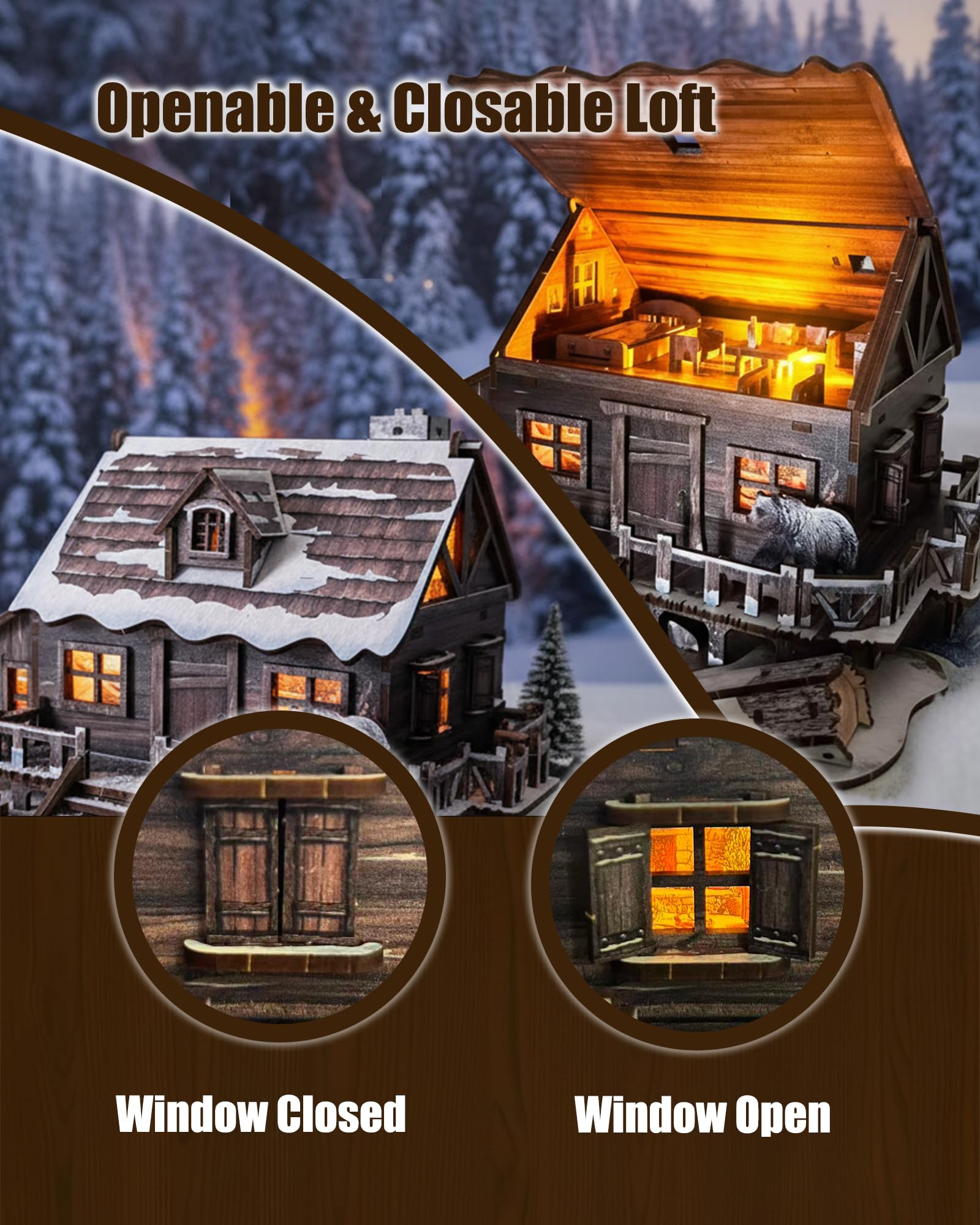 Snapklik.com : LED 3D Wooden Puzzle Winter Cabin DIY Miniature Building Kit