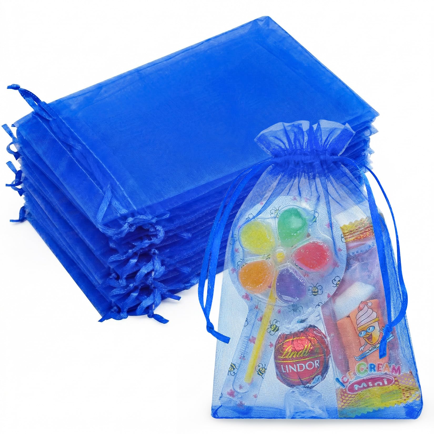 Crweety 50PCS Blue Organza Bags 4x6, Small Mesh Gift Bags Drawstring, Mini Sheer Gift Pouches Baggies for Jewelry Candy Sachet Wedding Baby Shower Bridal Shower Halloween Christmas Party Favor