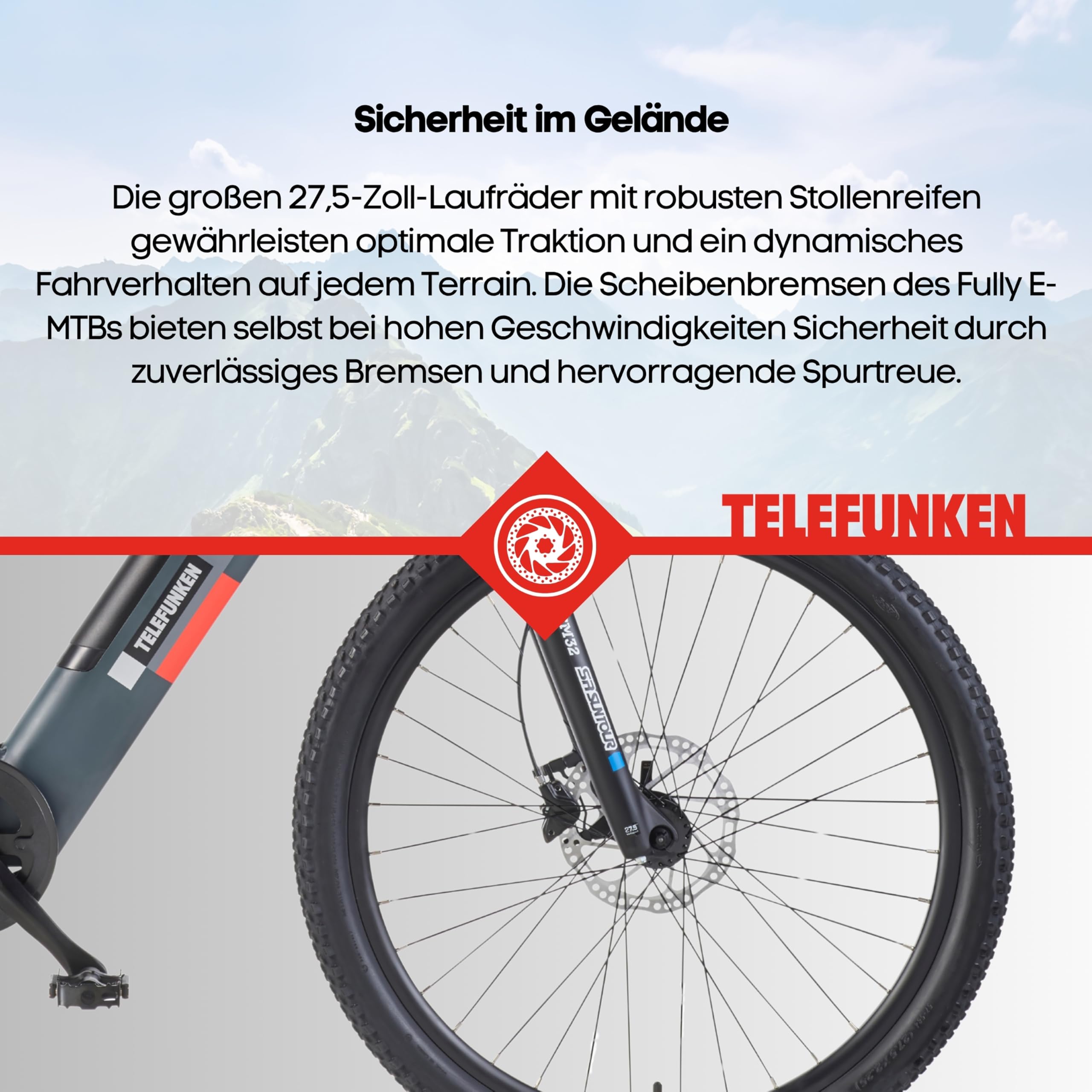 TELEFUNKEN E-Bike Mountainbike Elektrofahrrad Alu, 8 Gang Kettenschaltung - Pedelec MTB 27,5 Zoll, Hinterradmotor, 250W, Hydr. Scheibenbremsen, Grau, Aufsteiger M936
