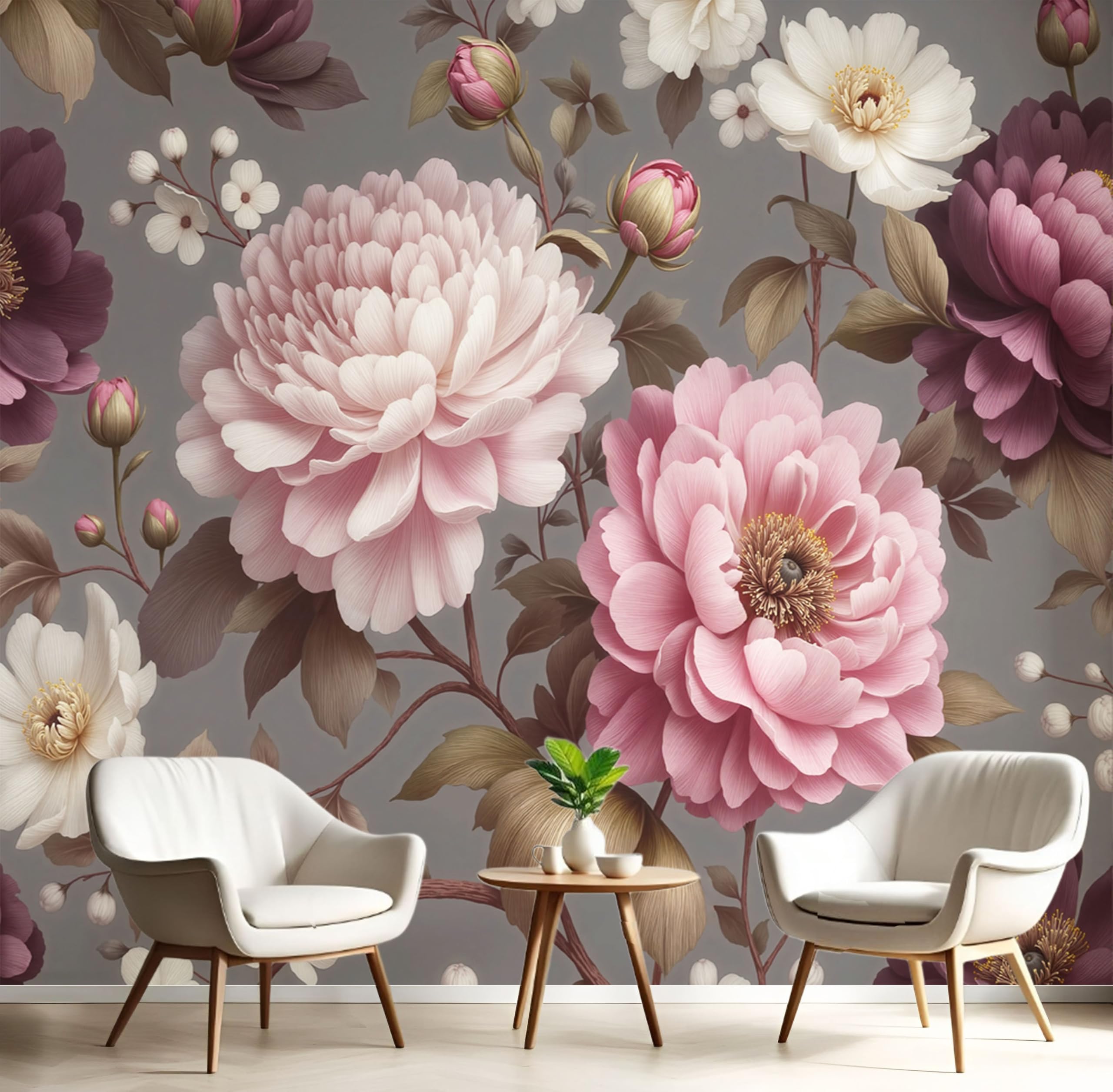 Papier peint pivoine panoramique gris décoration murale fleurs vintage chambre et salon