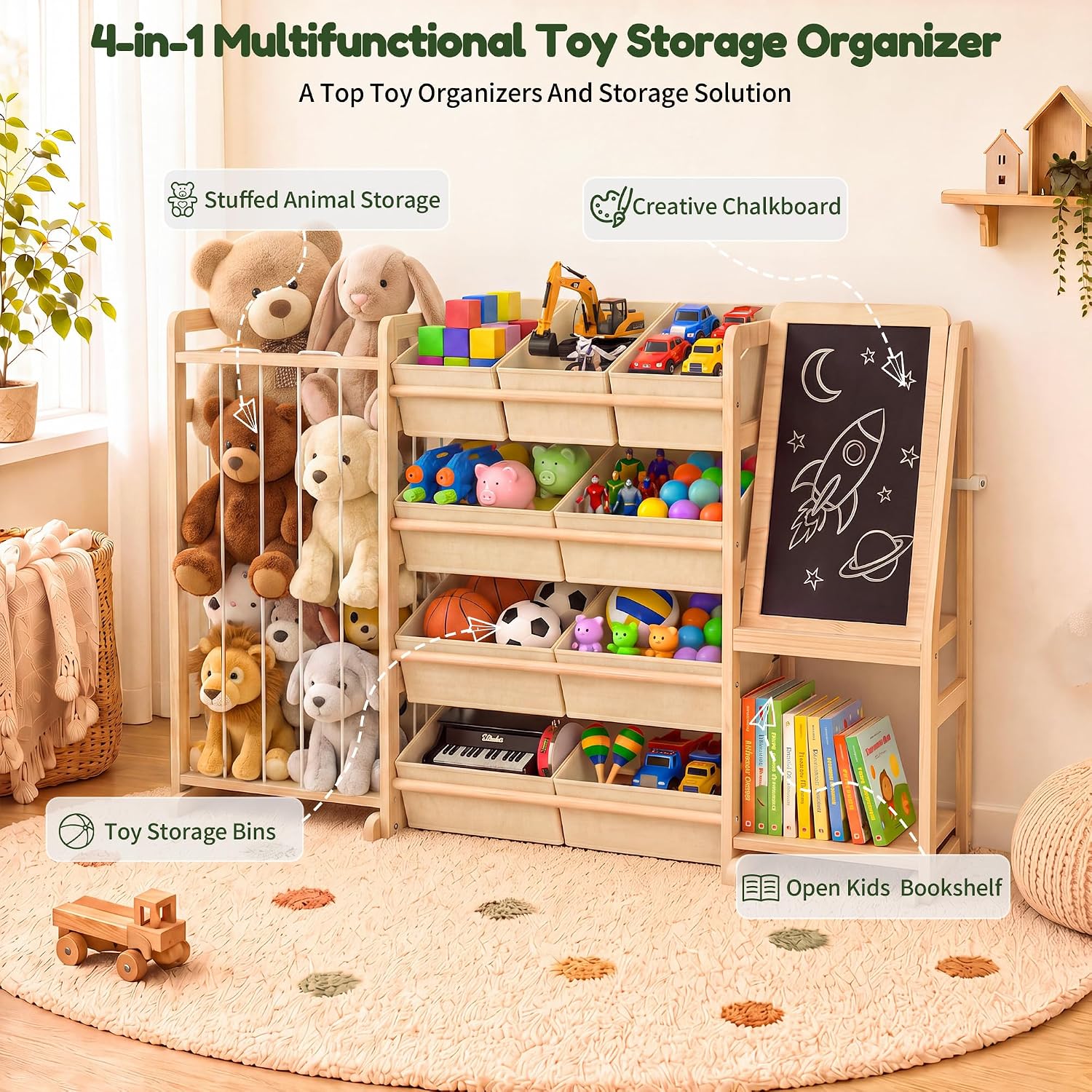 Multifunctional Toy Storage Organizer with Chalkboard: 4-in-1 Design