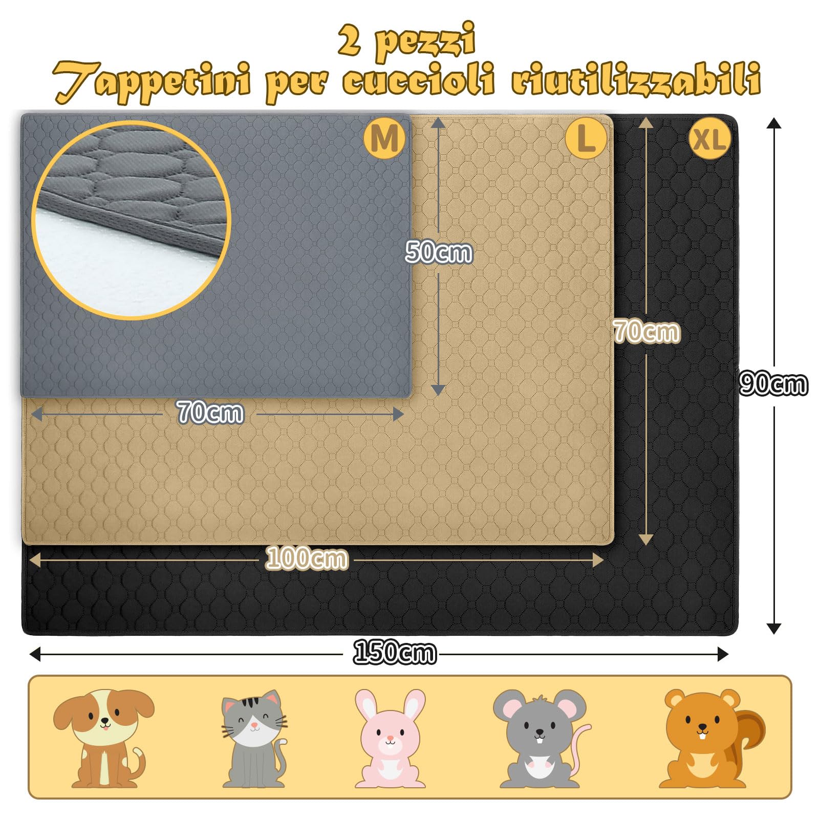 E-THOL Set di 2 tappetini da allenamento per cani e gatti, extra forti, assorbenti, impermeabili e antiscivolo, lavabili e riutilizzabili, per cuccioli e animali domestici (nero, 50 x 70 cm)