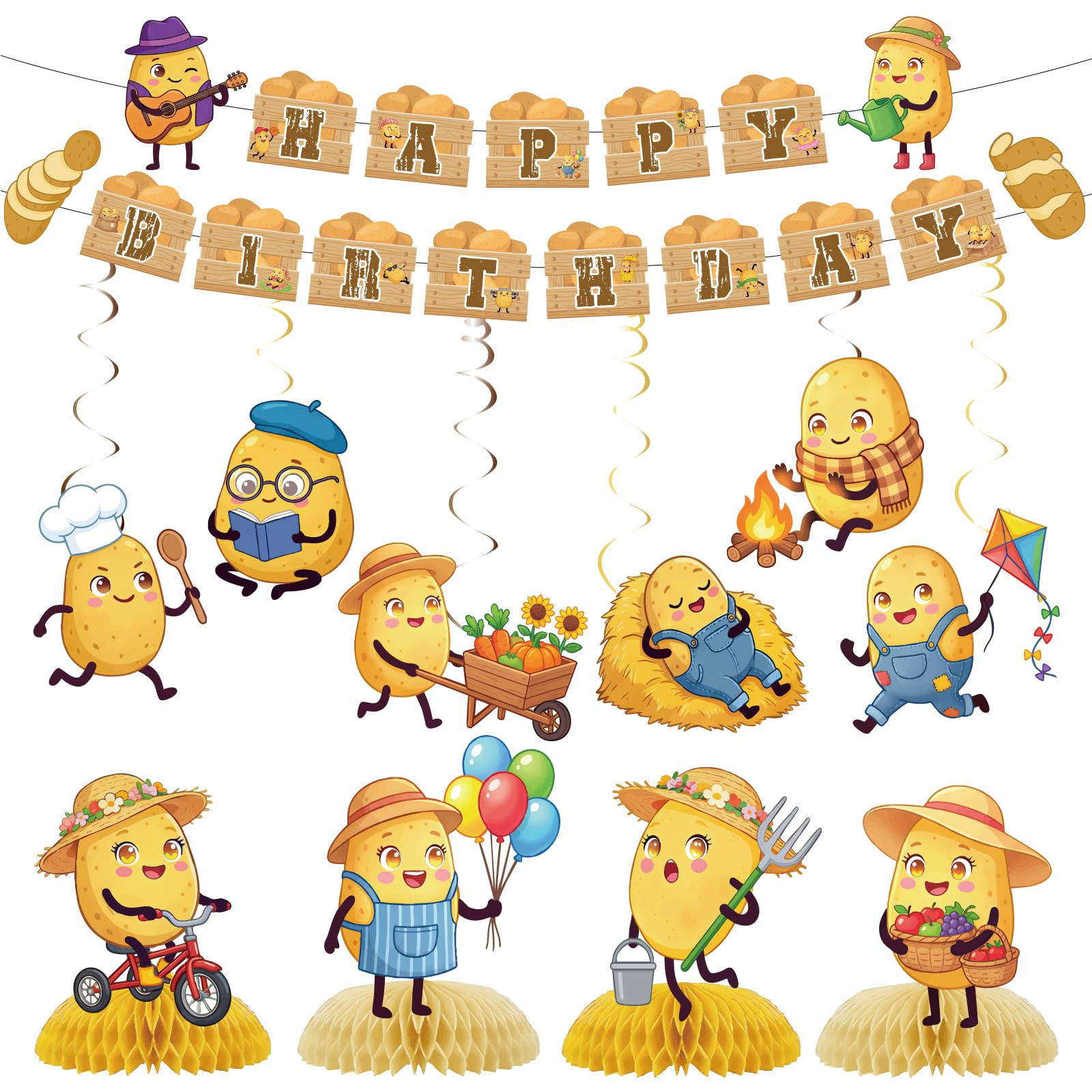 Cartoon Potato Happy Birthday Decorations - Birthday Banner Vegetable Party
