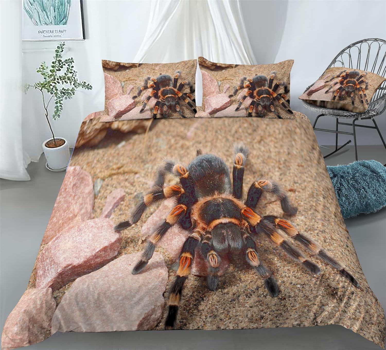 3D Spider Tarantula Single Duvet Cover Set Insect Theme Single Bedding Sets Warm Comfort Microfiber Quilt Cover 135x200 cm with 2 Pillowcases for Boys Girls Bedroom D-2923