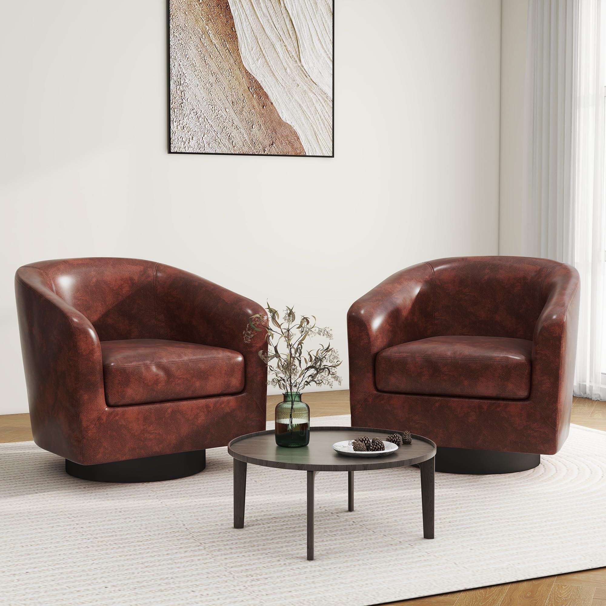 DREAMSIDEA Swivel Barrel Chair Set of 2 Red Brown