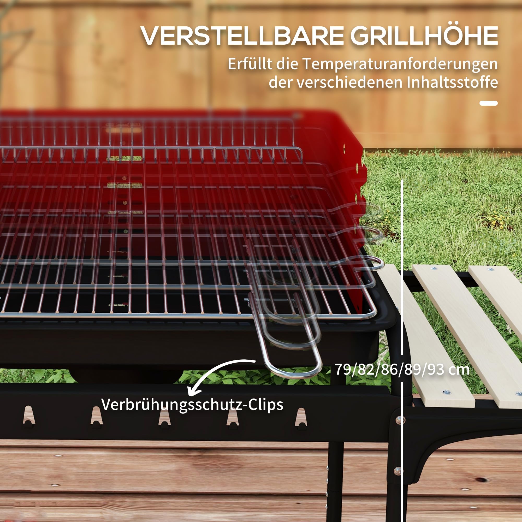 Outsunny Grill na węgiel drzewny z metalu BBQ Smoker z kółkami 103 x 47 x 95 cm | Ruszt do grillowania z regulacją wysokości, półka drewniana, wózek na węgiel drzewny, grill węglowy na kemping, taras