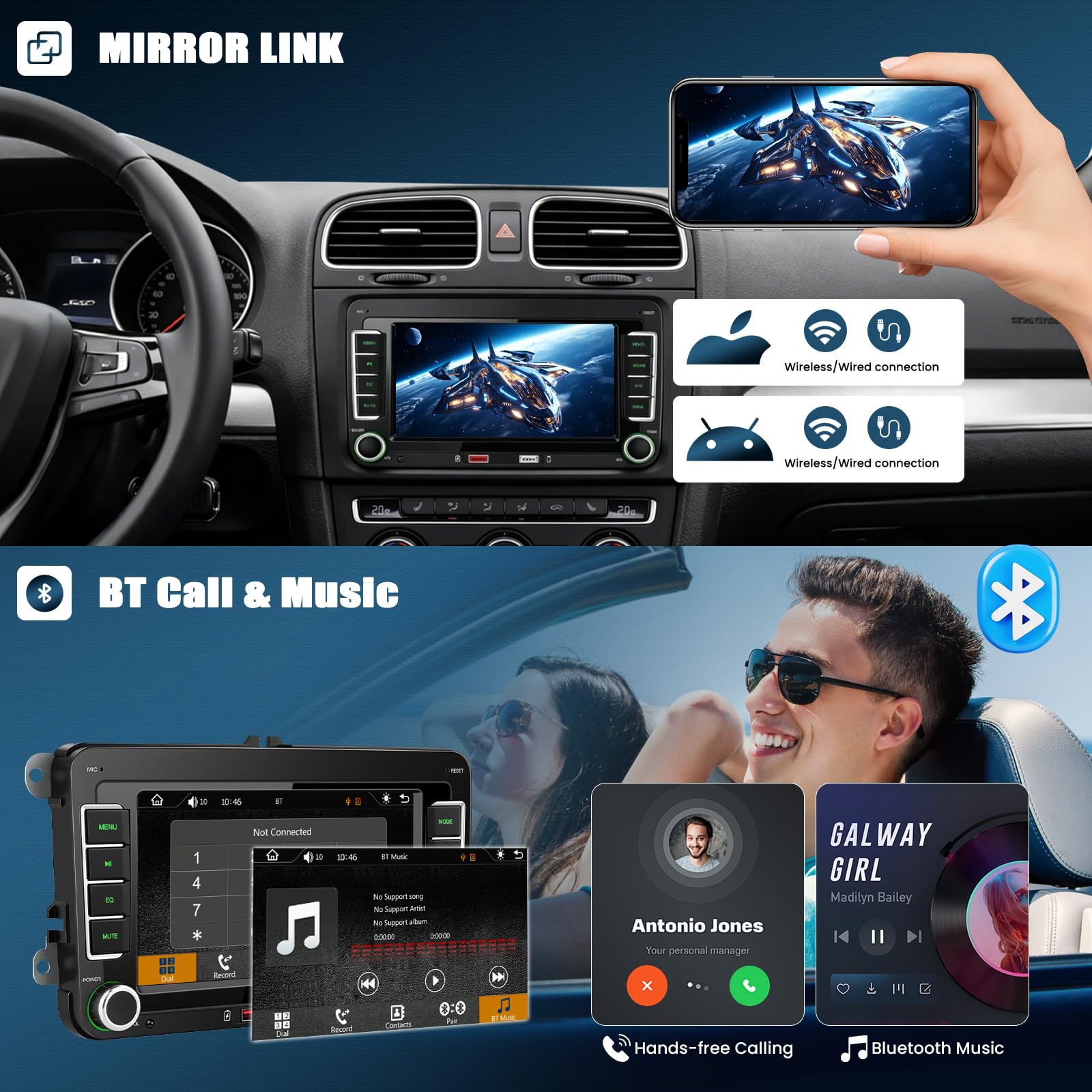 CAMECHO Odtwarzacz samochodowy z CarPlay dla VW Golf 5 i 6 oraz Polo z Android Auto ekranem dotykowym IPS 7 cali 2 Din radio FM AM RDS Bluetooth MirrorLink dwa porty USB SWC i Canbus