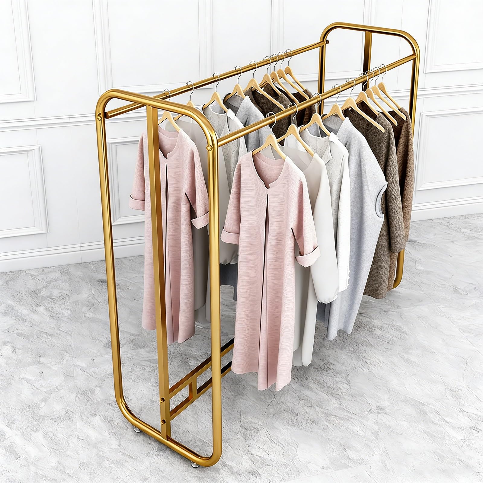 JYBNBBE Double Row Clothing Rack with Top Shelf & Wheels, Heavy Duty Portable Garment Rack for Store Display, 100x50x150cm,Gold-150x50x150cm