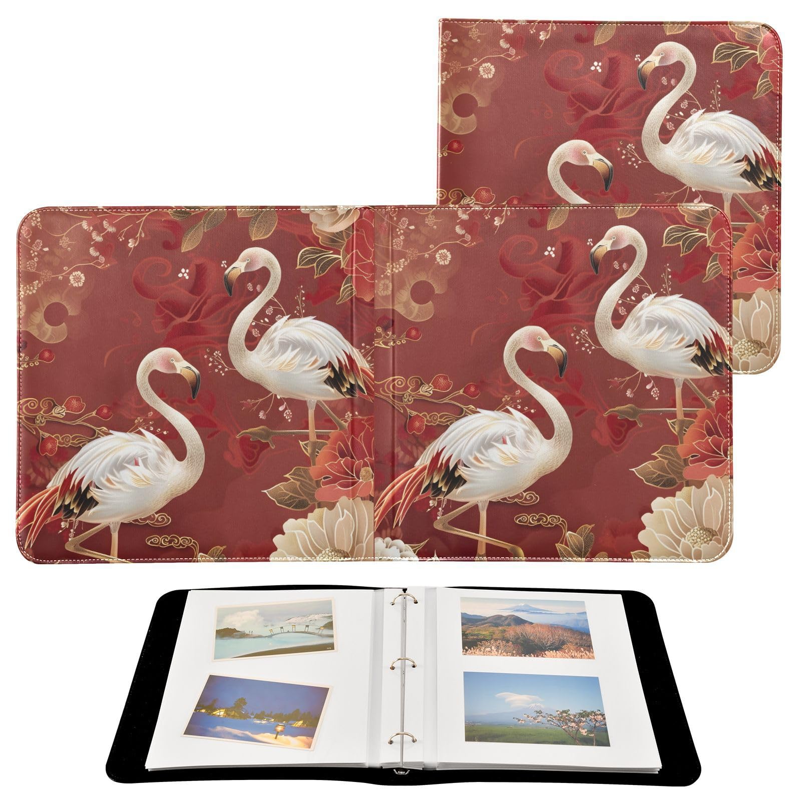JIPONI Oriental Mood Flamingos Large Photo Album, DIY Leather Cover Scrapbook Albums for 4x6 5x7 6x8 Pictures, Self Adhesive Memory Book for Wedding, Baby, Family