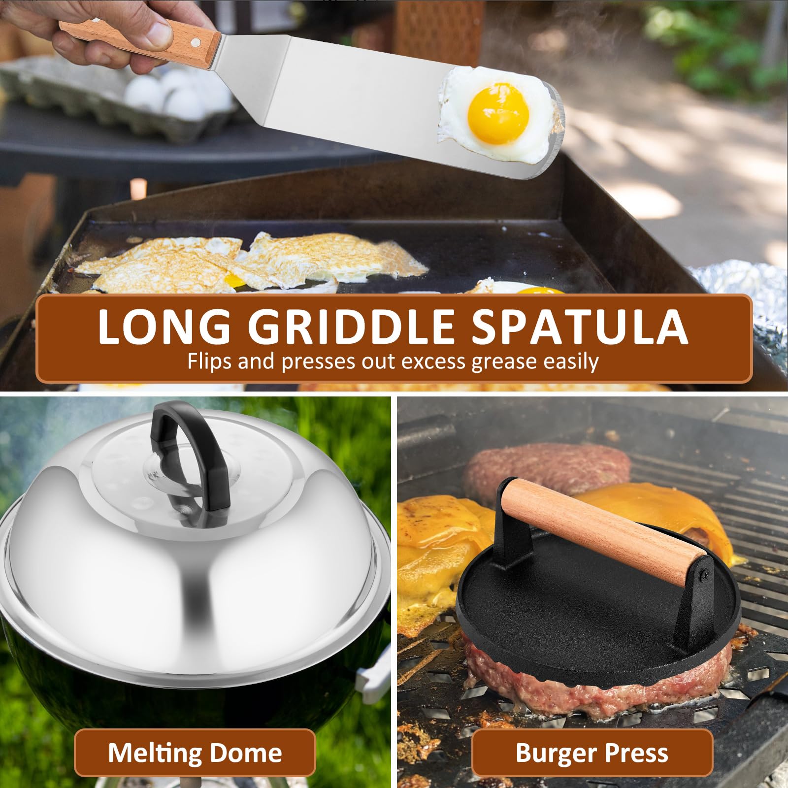 Grillzubehör 25 Stück, Leonyo Flat Top Grillzubehör, Professionelles Grillwerkzeug mit Vergrößertem Spatel Schaber, Backabdeckung, Smash Burger Presse, Tragetasche für Outdoor Grill, Holzgriff