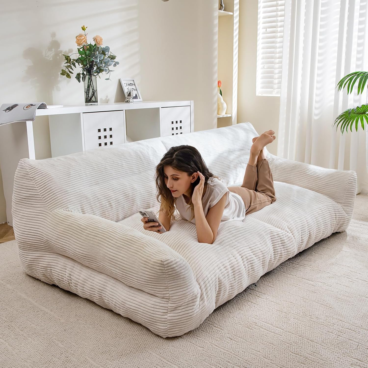 HIGOGOGO Large Human Dog Bed, Giant Dog Sofa Bed, Big Comfy Floor Sofa Couch for Pet Families with Foam Chunk Supportive Mat, XXXXL Size Corduroy Orthopedic Bed for Human, Beige