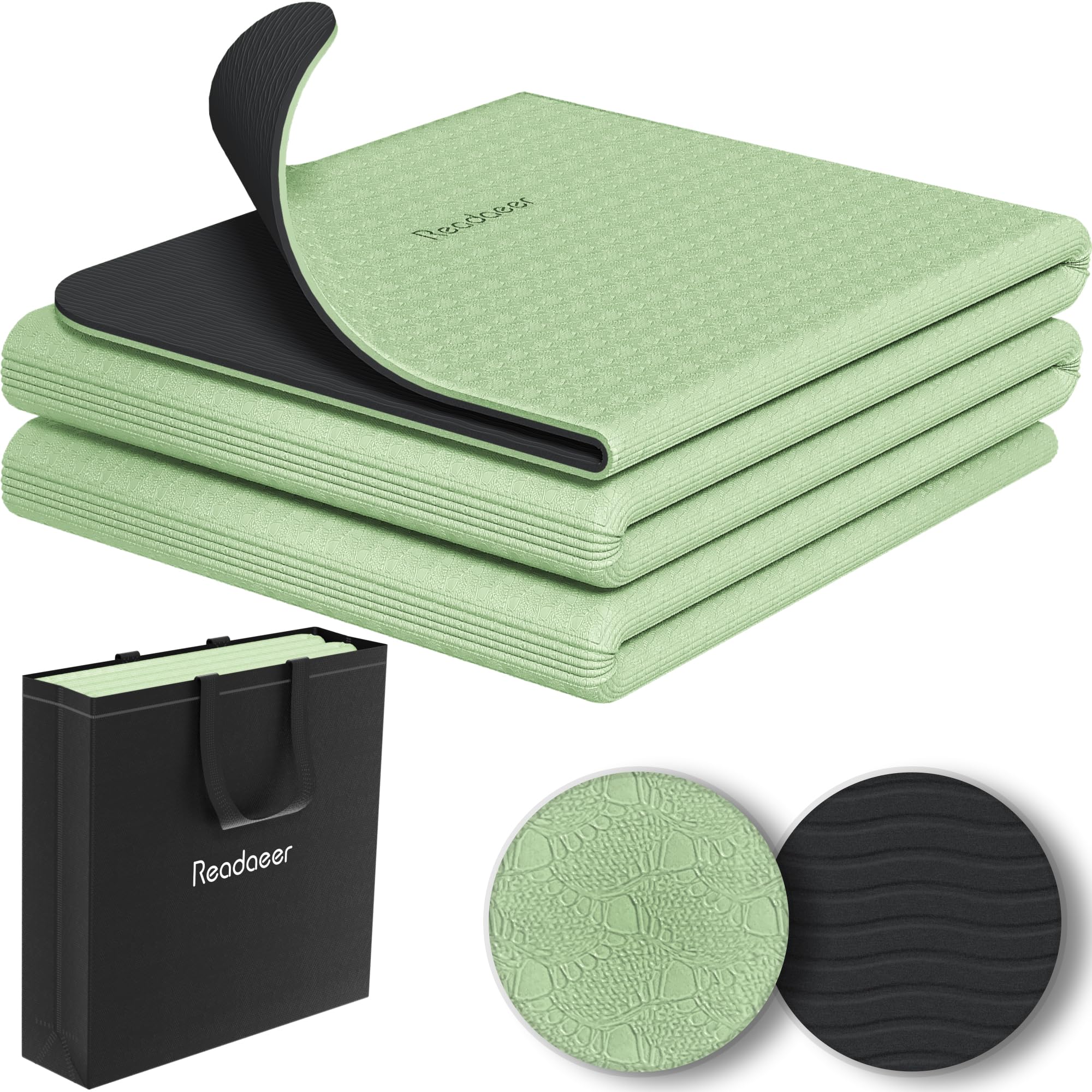 Readaeer Foldable Yoga Mat for Travel Folding Yoga Mat 6mm Thick with Carrying Bag Non-Slip TPE Exercise Pilates