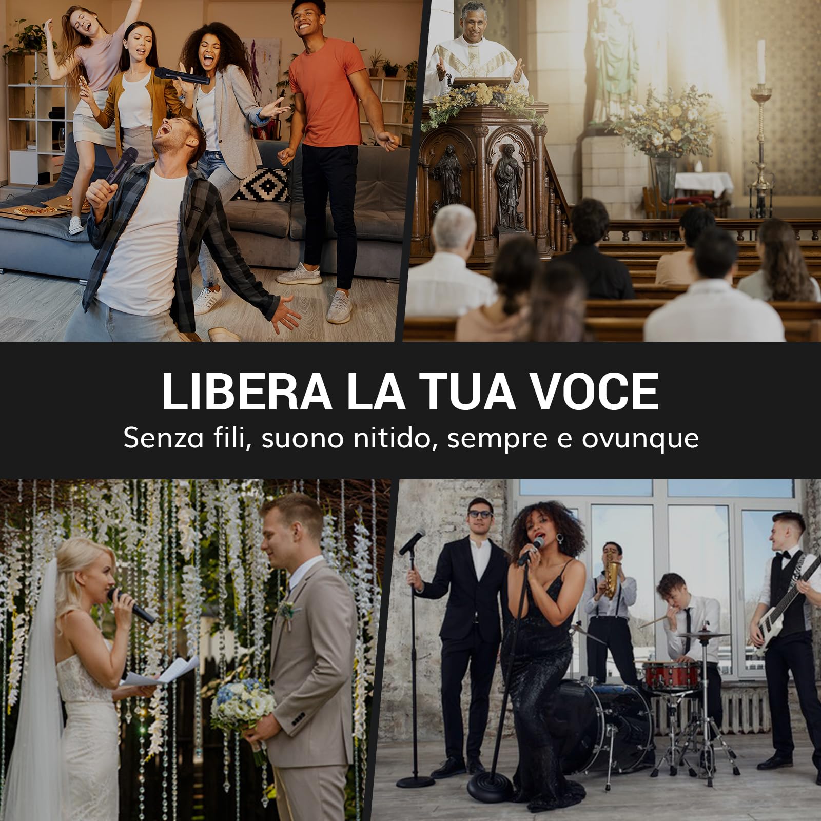 TONOR Microfono Wireless Ricaricabile, Sistema Doppio Microfono Palmare UHF in Metallo con Ricevitore Bluetooth, Portata UHF 80 m per Karaoke Domestico, Chiesa, Feste, DJ, Matrimoni TW790 Nero