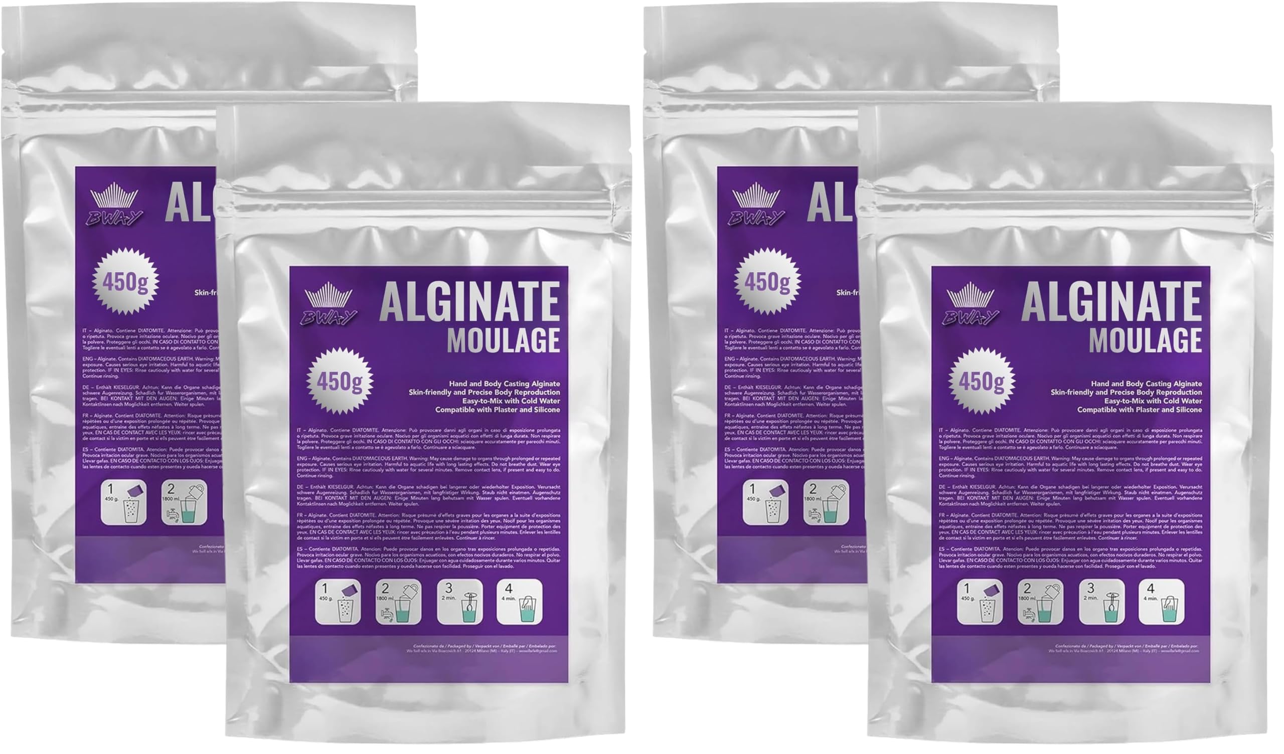 BWAY Alginate Moulage – Idéal pour réaliser des empreintes et des moulages de mains d’une très haute précision – Alginate à prise lente – 900g (2 Sachet x 450g) (Lot de 2)