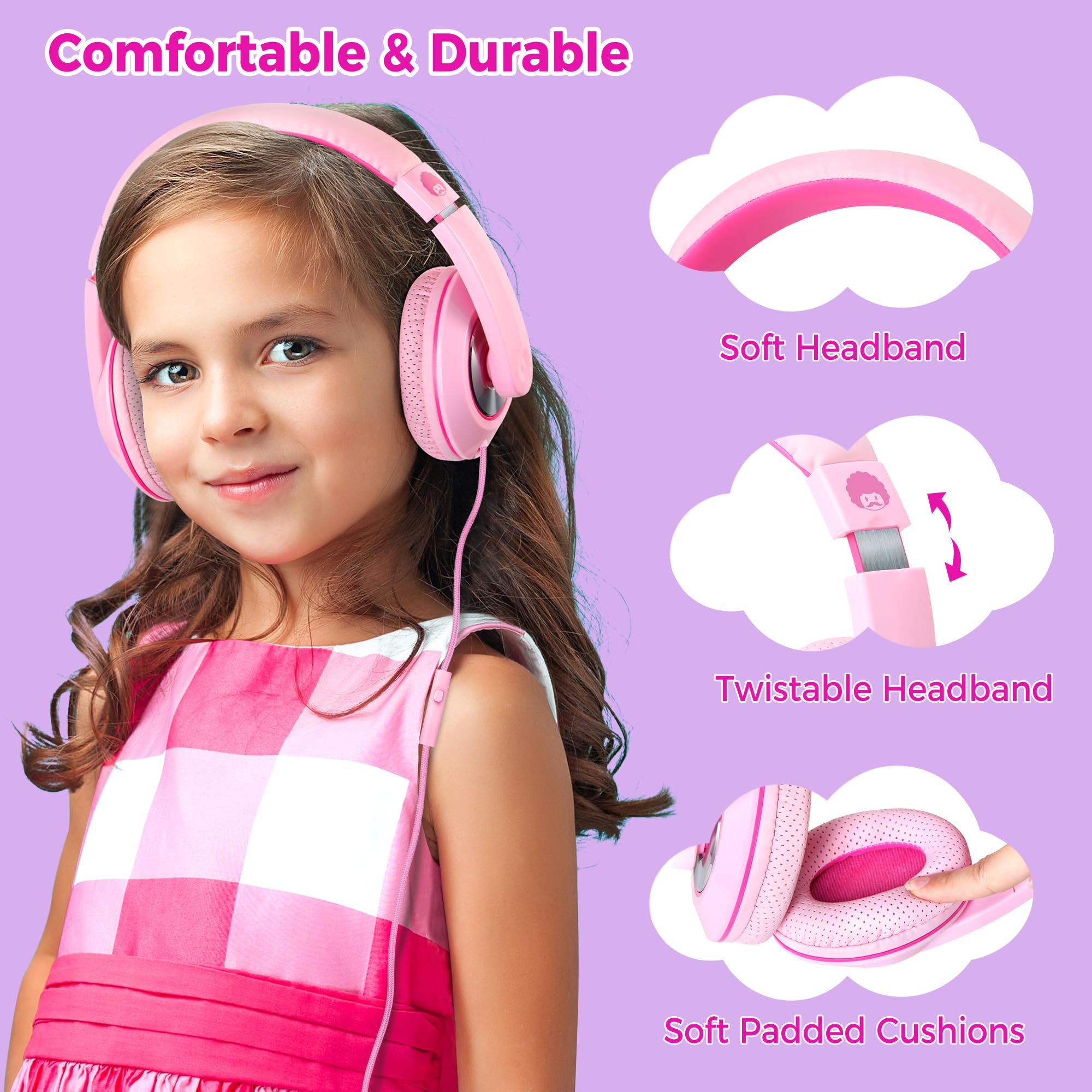 RockPapa Comfort+ Kinder Kopfhörer für Schule Jungen, Kopfhörer Kinder mit Kabel, Einstellbar, Lautstärkeregler, 3,5 mm Jack, HD-Mikrofon, Over Ear Kinderkopfhörer für Schule/Reise/PC, Rosa