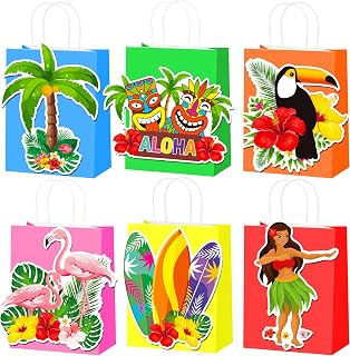 Hawaiian Party Favors Bags 12PCS Tropical Aloha Gift Treat Bags with Handles Hawaiian Themed Party Supplies Luau Summer Paper Goodie Candy Bags for Beach Holiday Baby Shower Decor