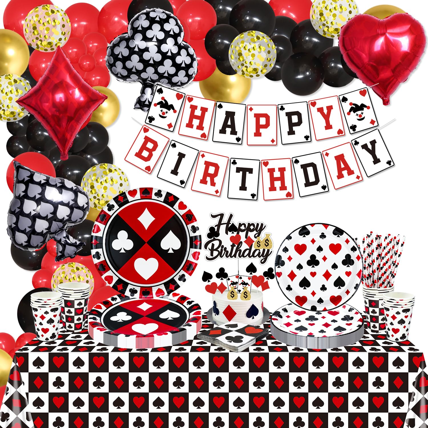 173Pcs Casino Birthday Decorations - Including Poker Plates, Napkins, Cups, Balloons, Birthday Banner, Cake Topper and Tablecloth for Poker Casino Themed Party Supplies, Serves 20 Guests (Casino-L)