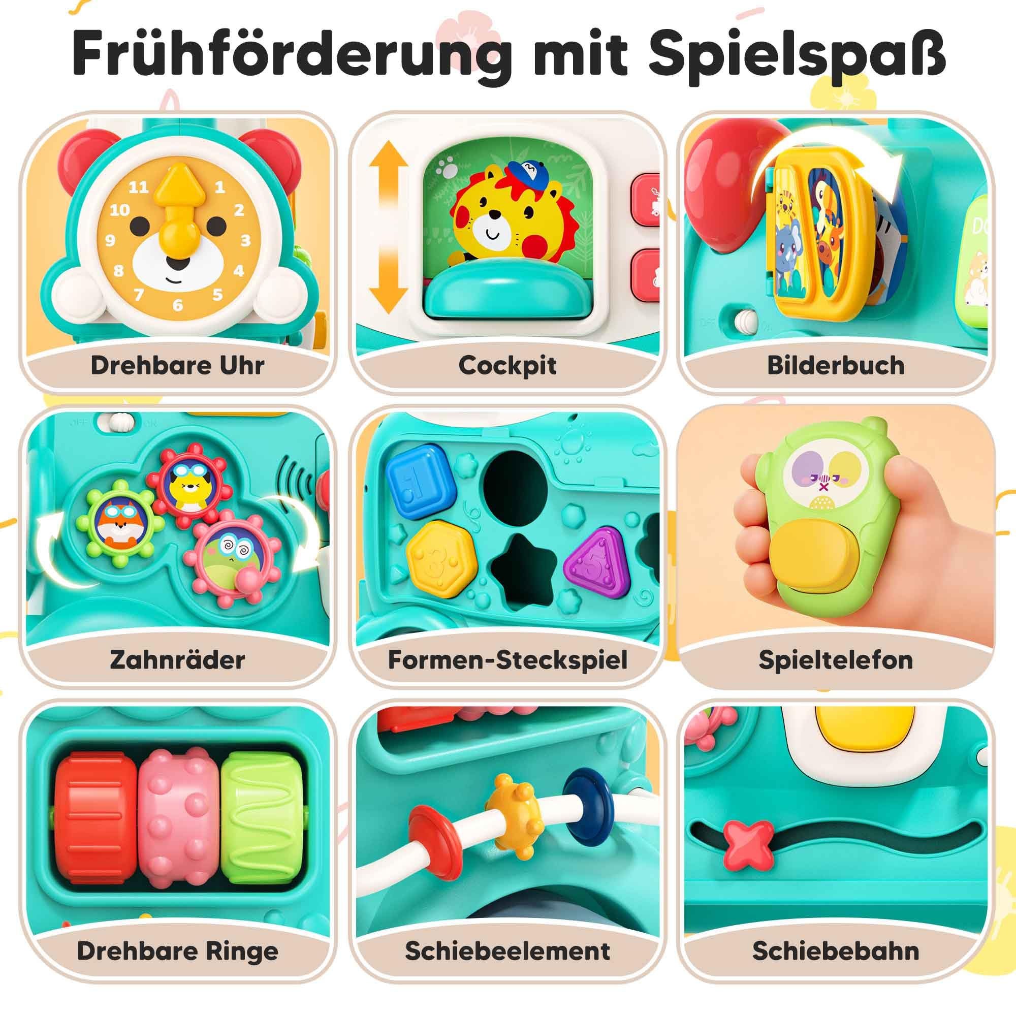 5in1 multifunktionaler Lauflernwagen ab 6 Monaten, Baby Walker Zug mit Aktivitätszentrum, Musik und Sprühfunktion, interaktive Lauflernhilfe, Schiebespielzeug, Motorik- und Lernspielzeug
