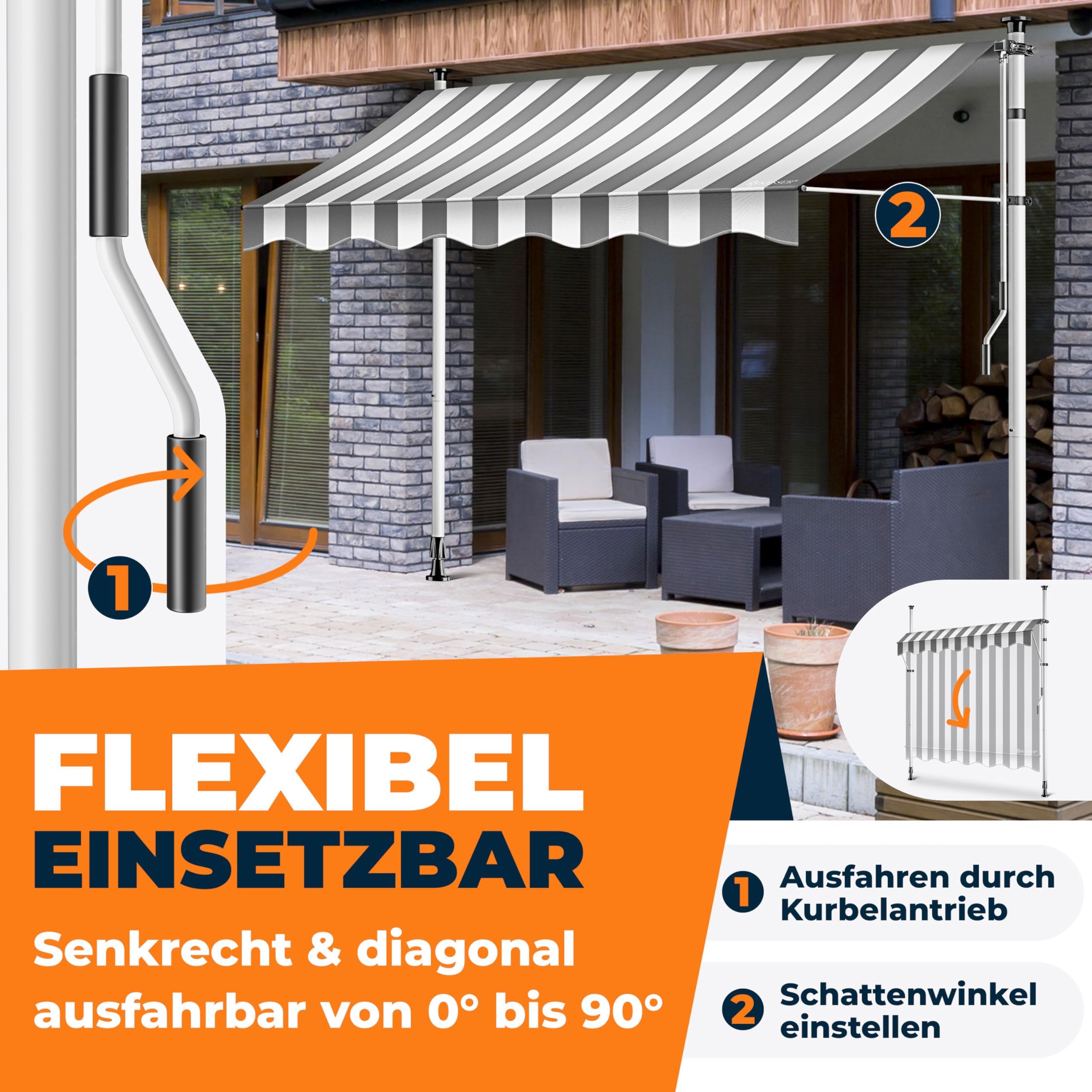 KESSER® Klemmmarkise mit Handkurbel Balkon | Balkonmarkise ohne Bohren | Markise UV-beständig höhenverstellbar & wasserabweisend