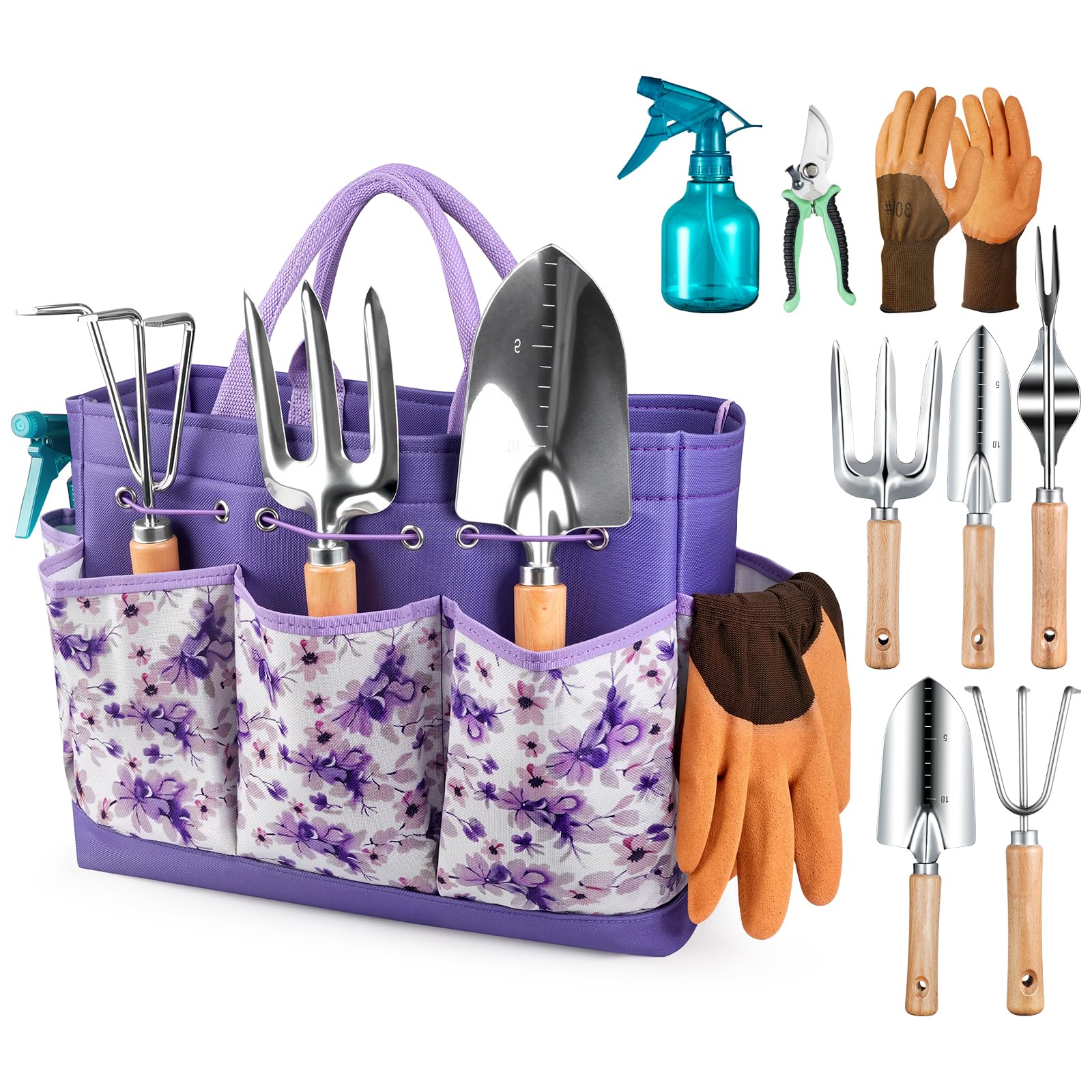 Grenebo 9-teiliges Gartenwerkzeug-Set mit modischer Handtasche, Lila | Rostbeständiges Stahl-Gartenwerkzeug-Set, ergonomischer Holzgriff, Gartengeschenke für Frauen, ideal für Pflanzarbeiten