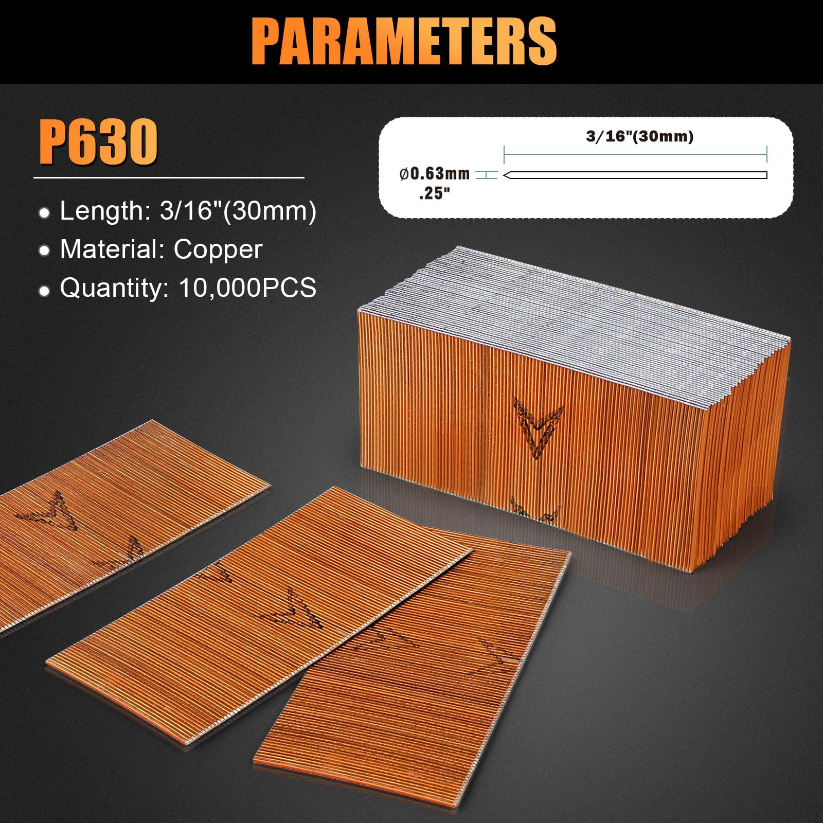 P630 - Clavos de cobre de calibre 23 de 1 a 0.2 pulgadas (30 mm), 10.000 unidades | Micro pines sin cabeza para clavadora, ideal para carpintería fina, armarios, decoración de interiores